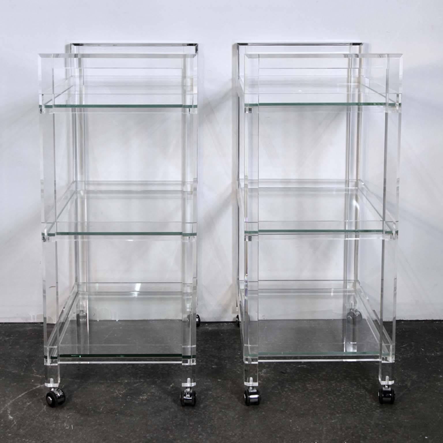 Contemporary Pair of Rolling Lucite Bar Carts For Sale