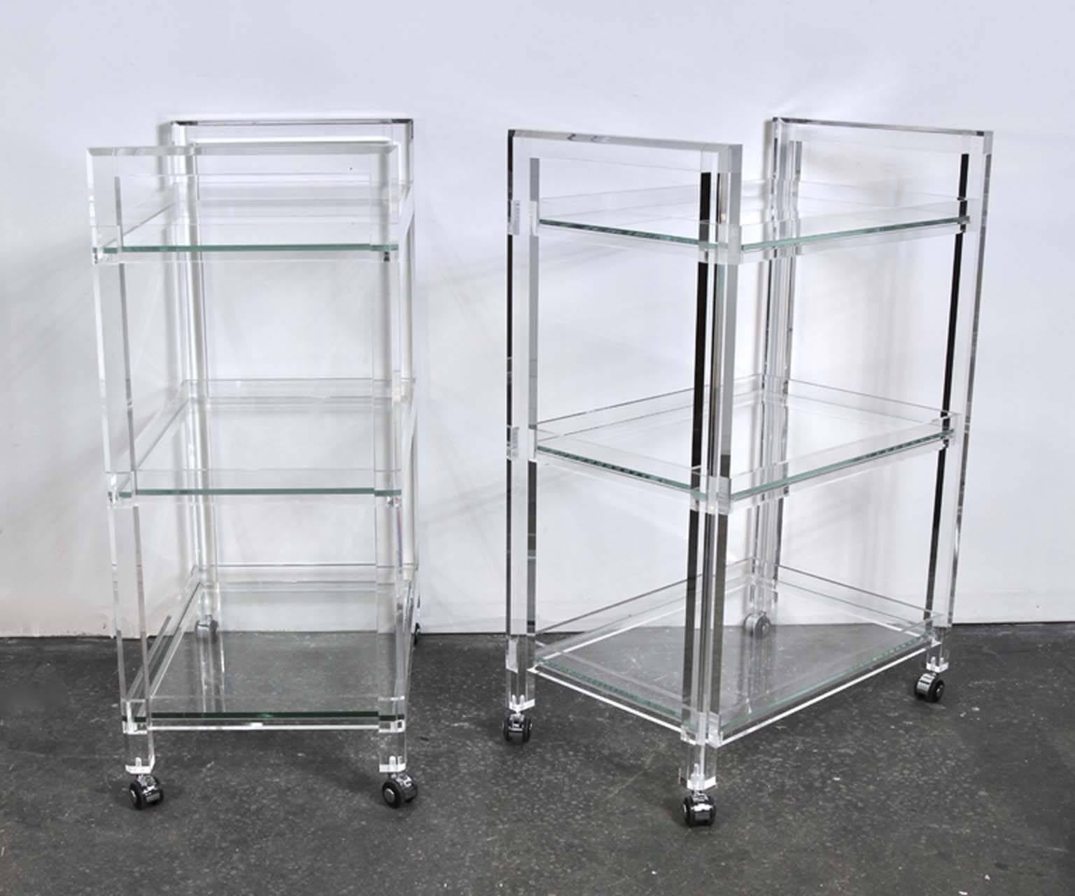 Pair of Rolling Lucite Bar Carts For Sale 1