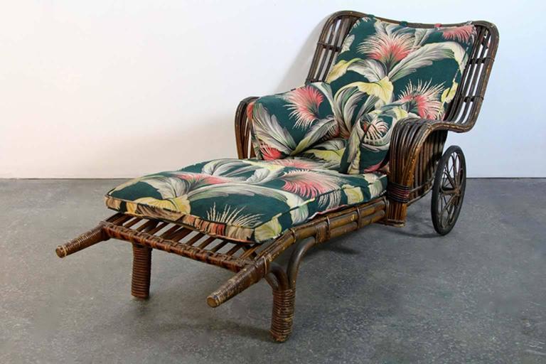 antique stick wicker chaise lounge chair with barkcloth fabric for