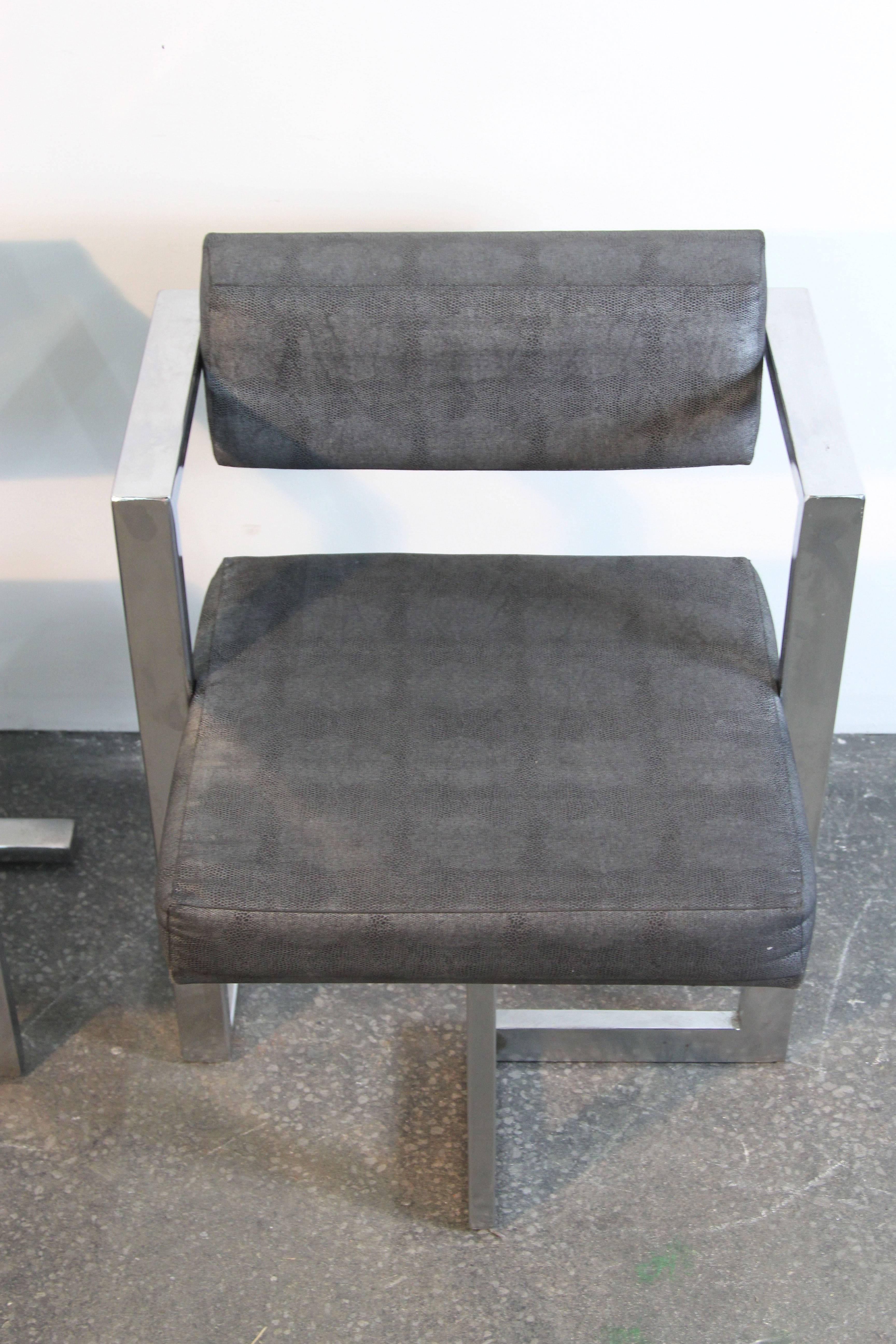Upholstery Pair of Baughman Style Brushed Steel Floating Square Chairs