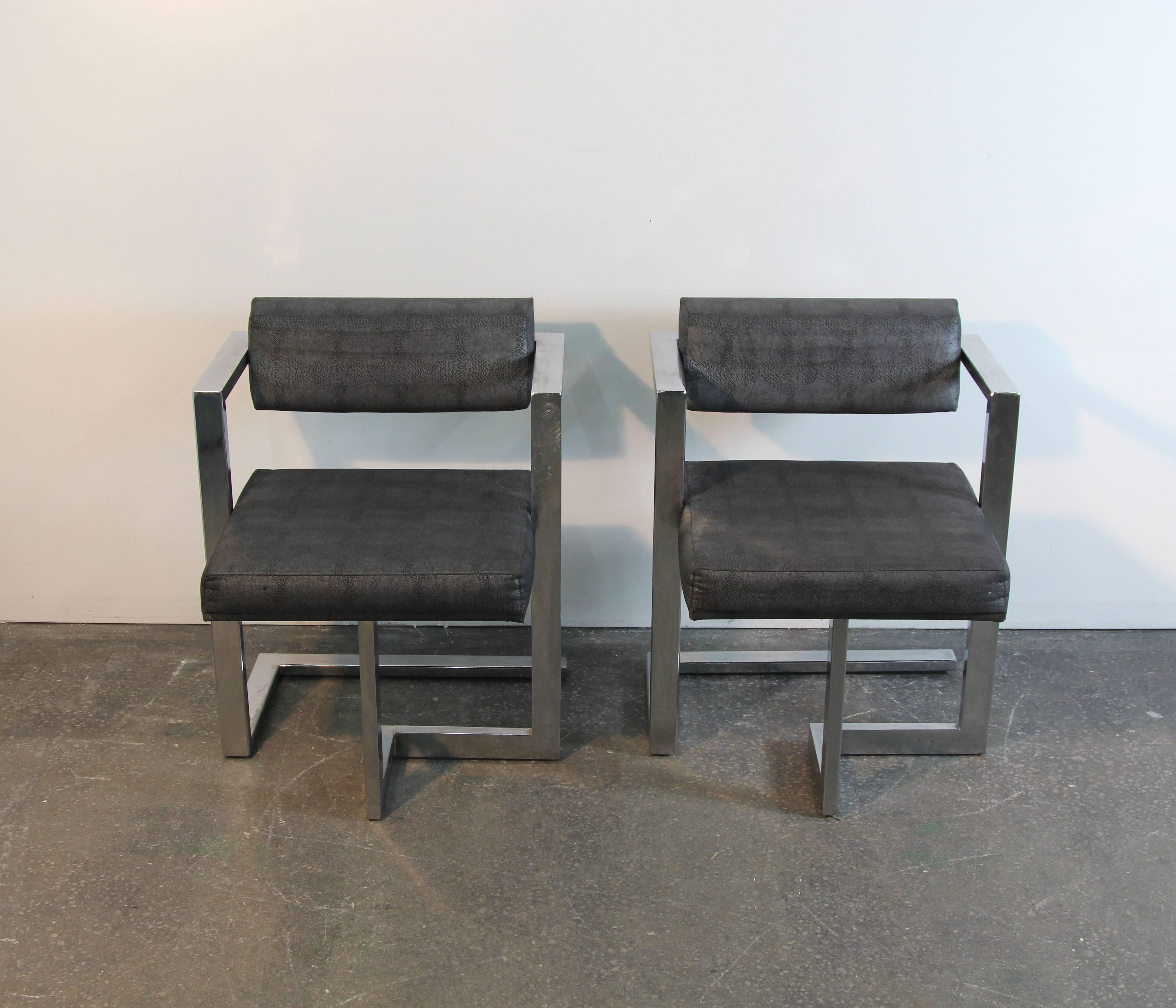 Pair of Baughman Style Brushed Steel Floating Square Chairs 1