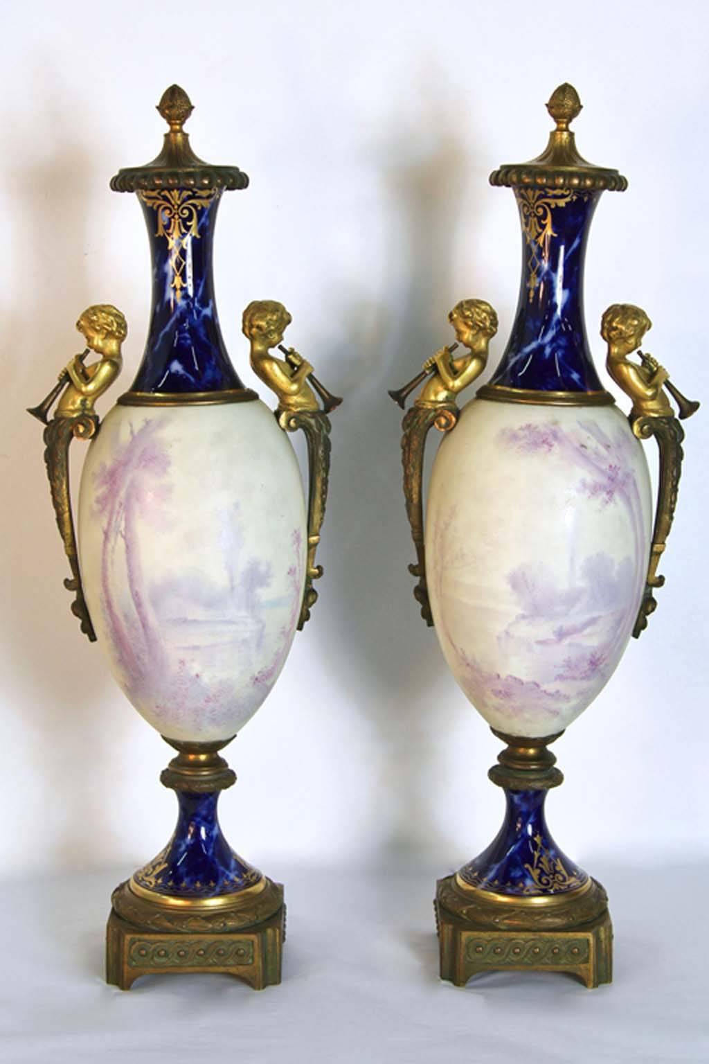 Baroque Antique French Figural Bronze Sevres Marbleized Urn For Sale