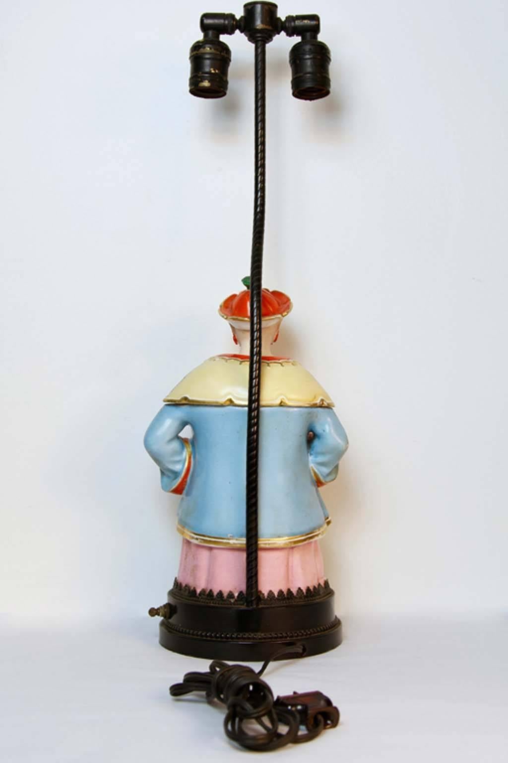 Porcelain Chinoiserie Figural Lamp, circa 1800s In Excellent Condition For Sale In Bridport, CT