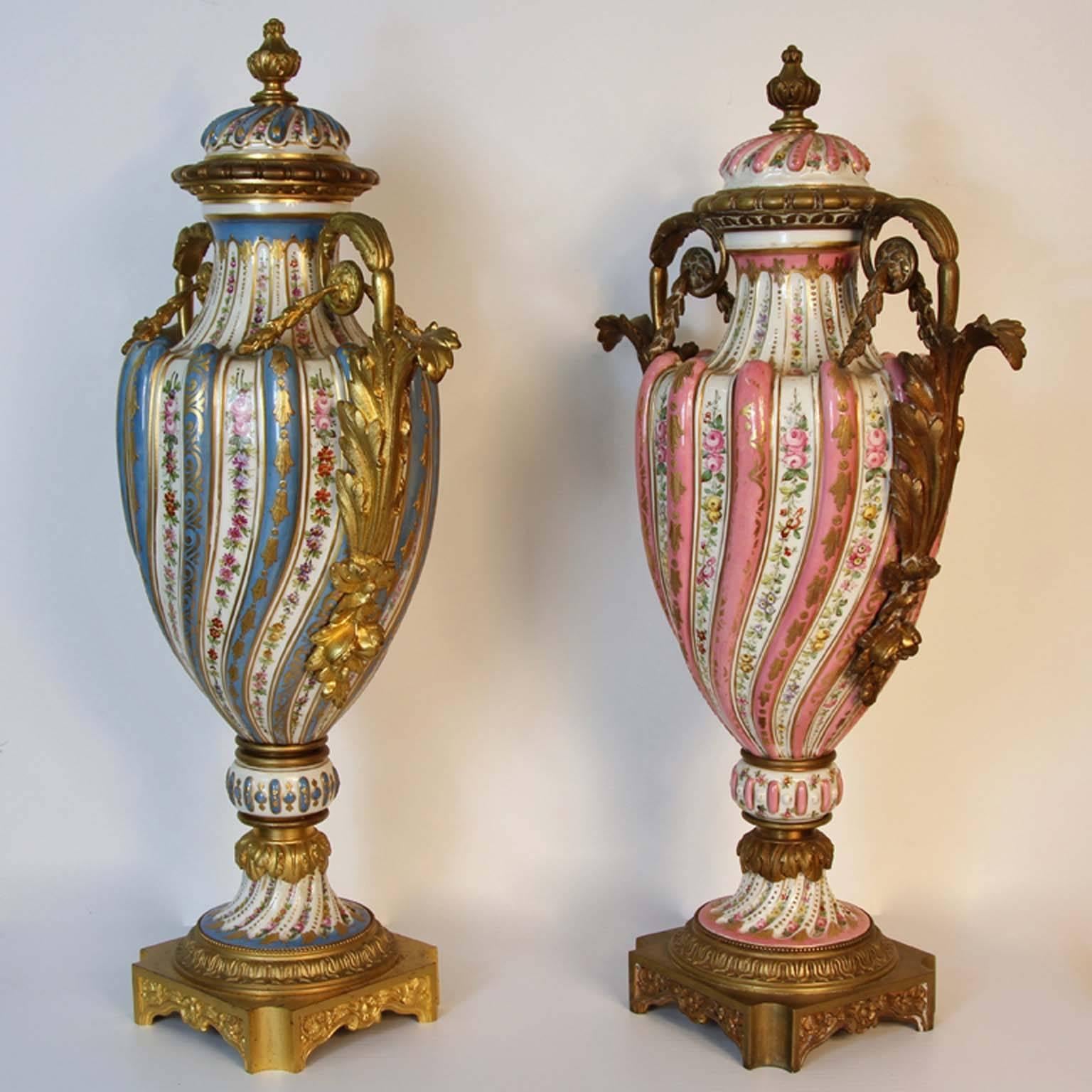Baroque 19th Century French Sevres Swirl Urns Pink and Celeste Blue For Sale