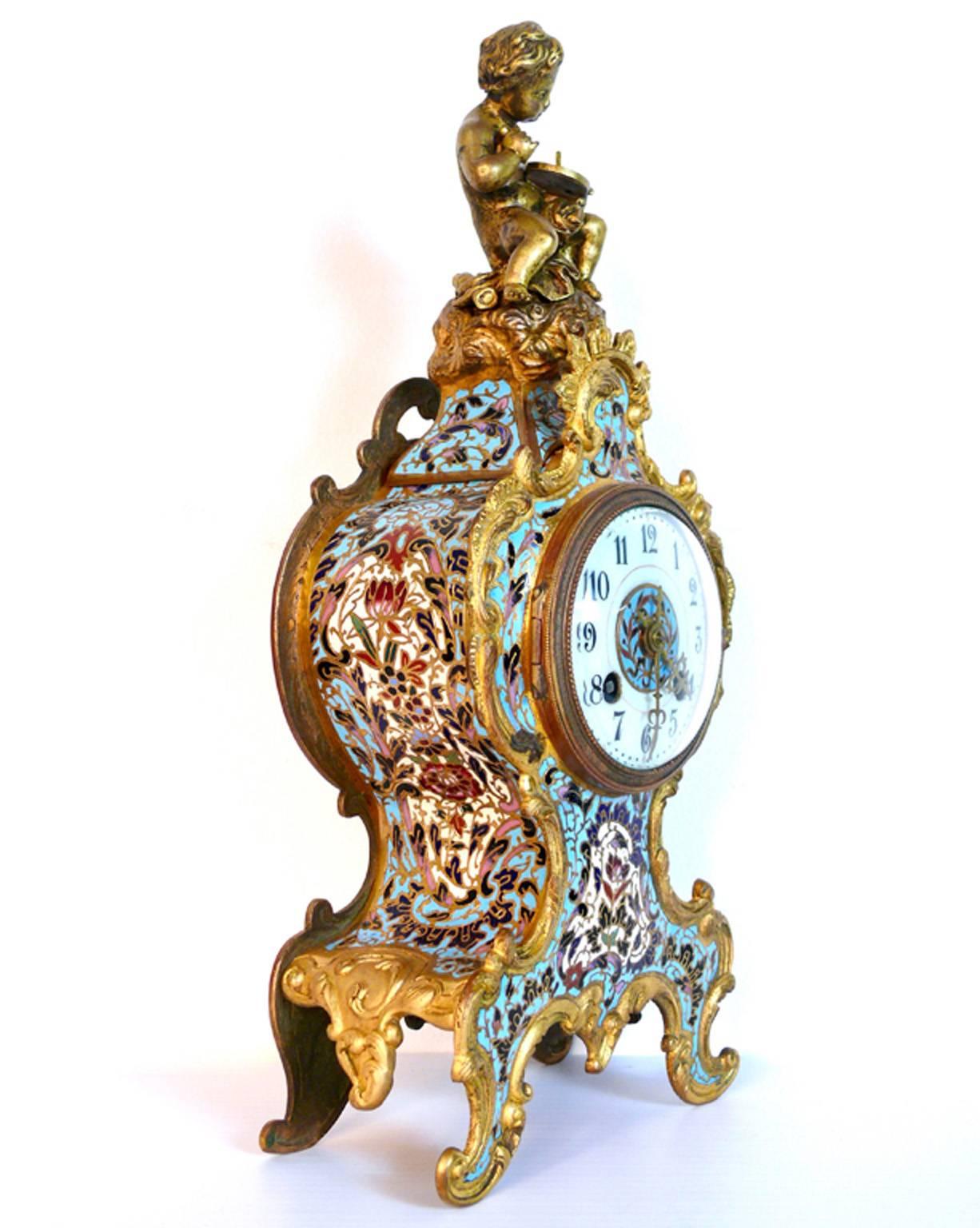 19th Century Museum Champlere Enameled Cherub Clock For Sale 1