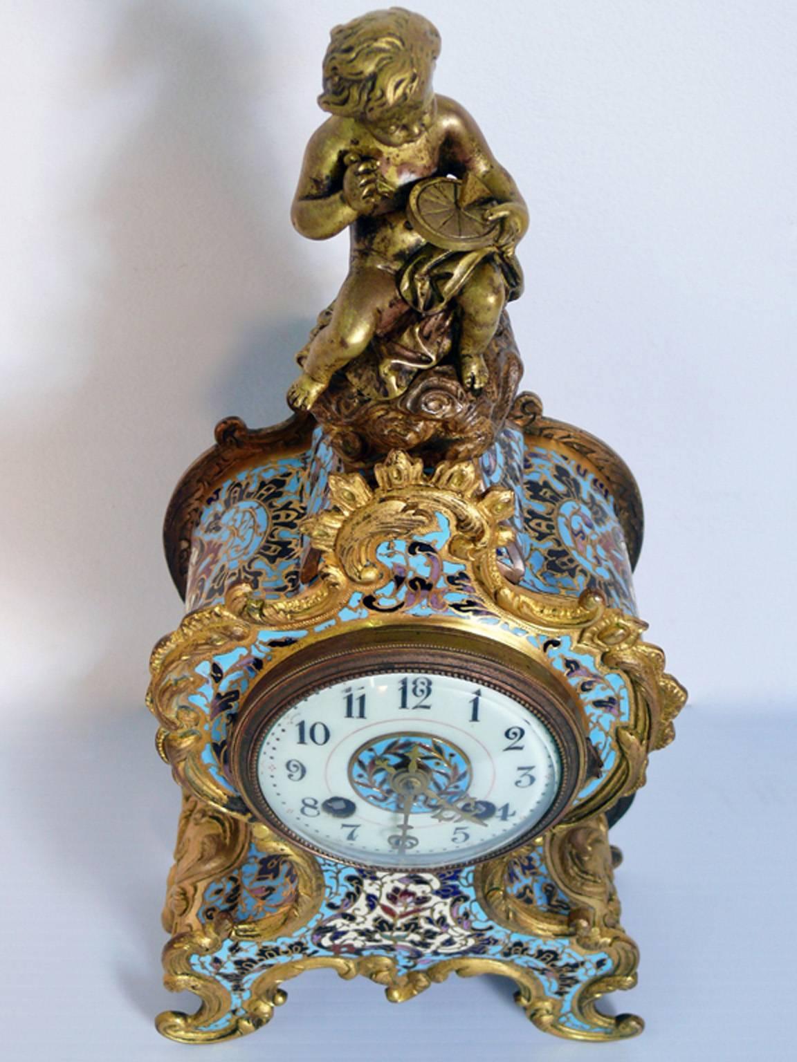 19th Century Museum Champlere Enameled Cherub Clock For Sale 2