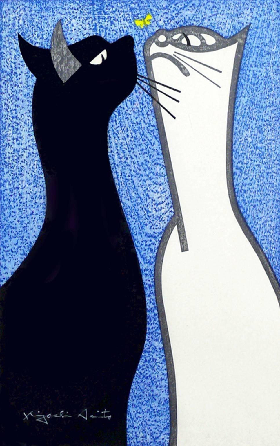 Two cats - black and white against bright blue background. Signed in white.