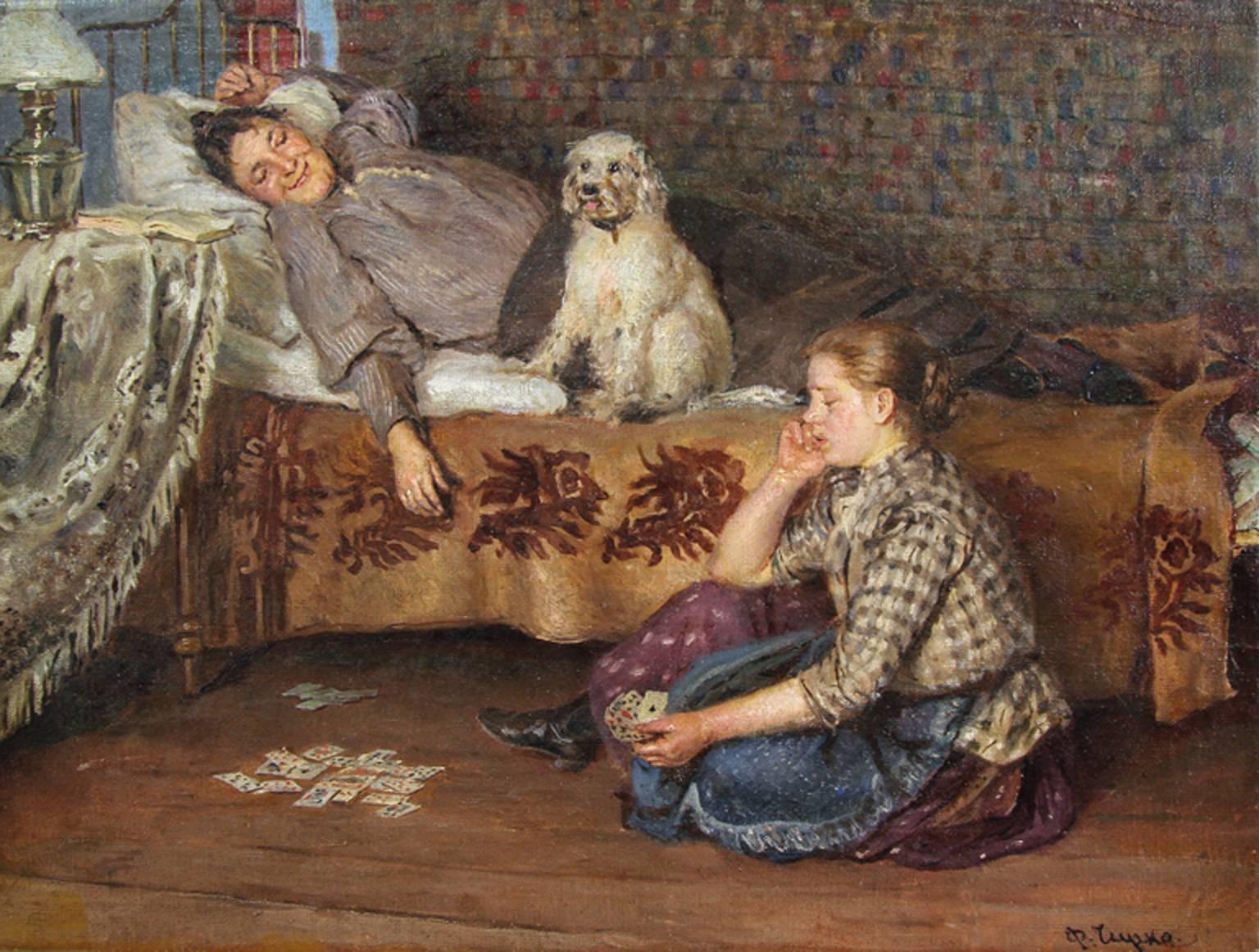 A rare antique painting by a master Russian artist in the early part of the 20th century depicting a beautiful young girl playing cards while her mother and puppy observe. A really superb and life like image of a sweet family moment with an infusion