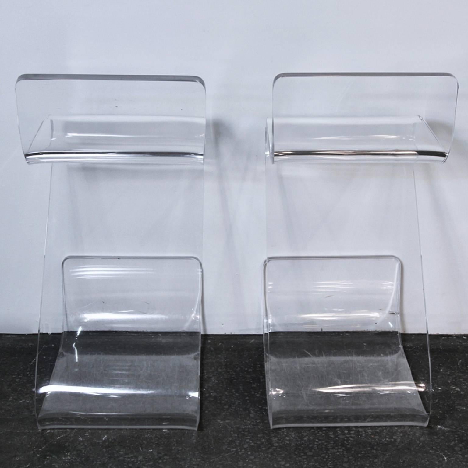 American Pair of Thick Lucite Z-Stools, Mid-Century