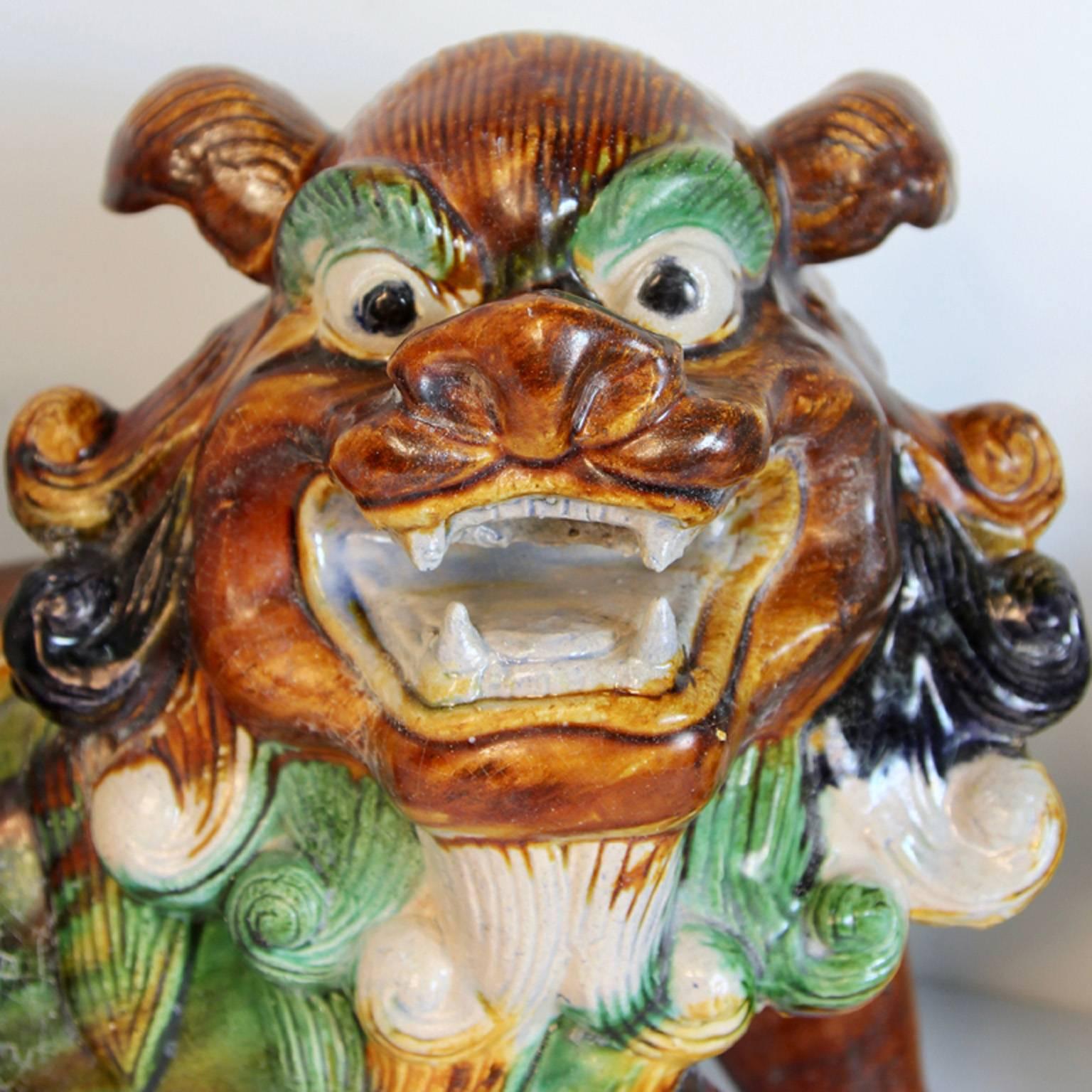 Pair of Mid-Century Sancai Glazed Foo Dogs For Sale 3