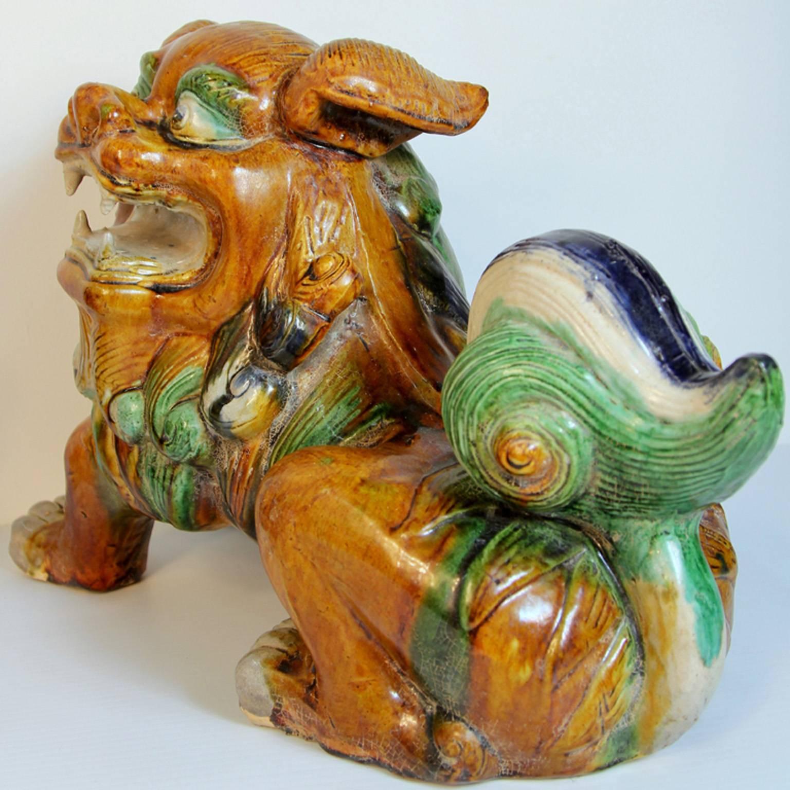 Pair of Mid-Century Sancai Glazed Foo Dogs For Sale 4