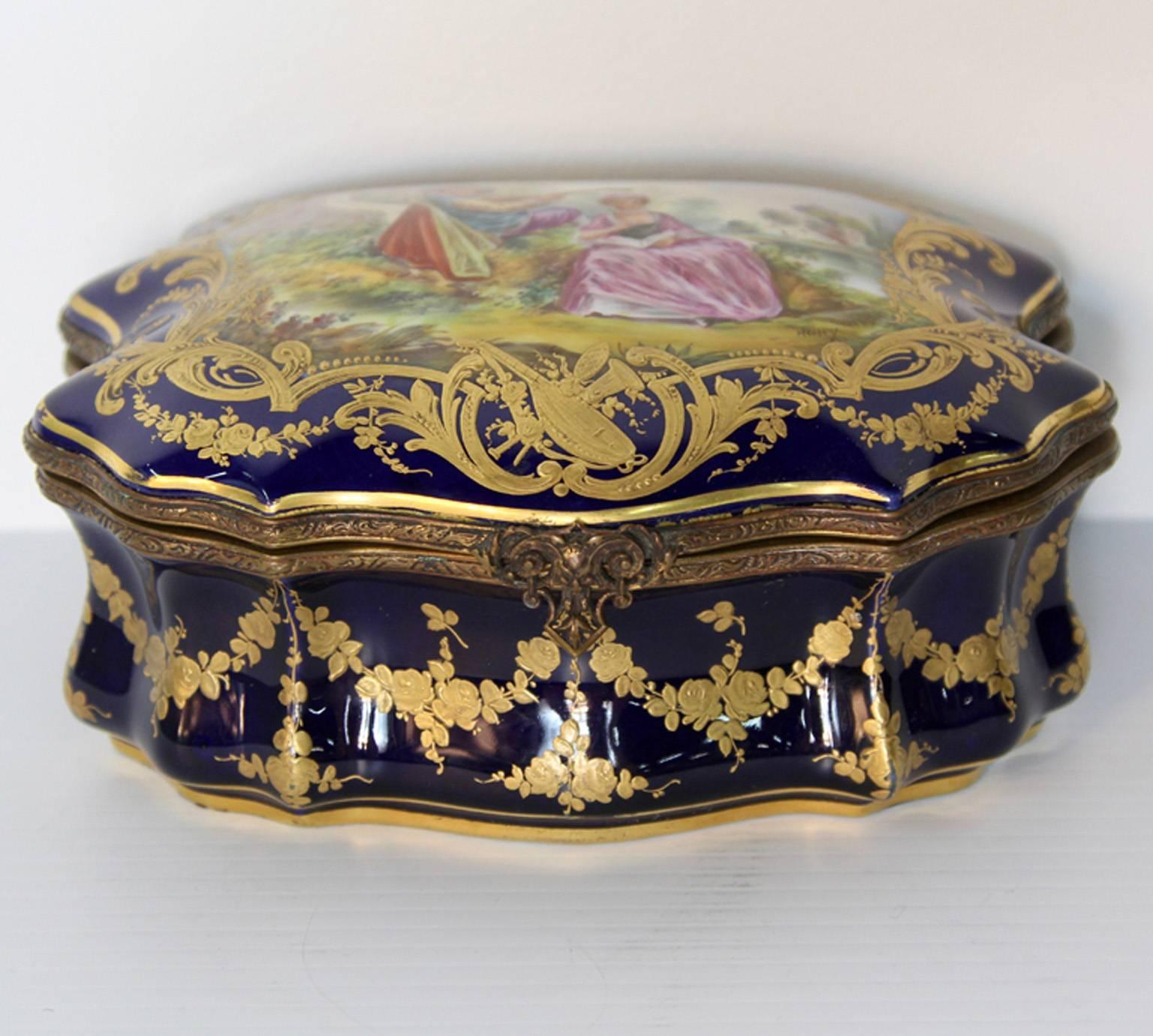 French Antique Sevres Royal Imperial Cobalt Jewelry Box For Sale