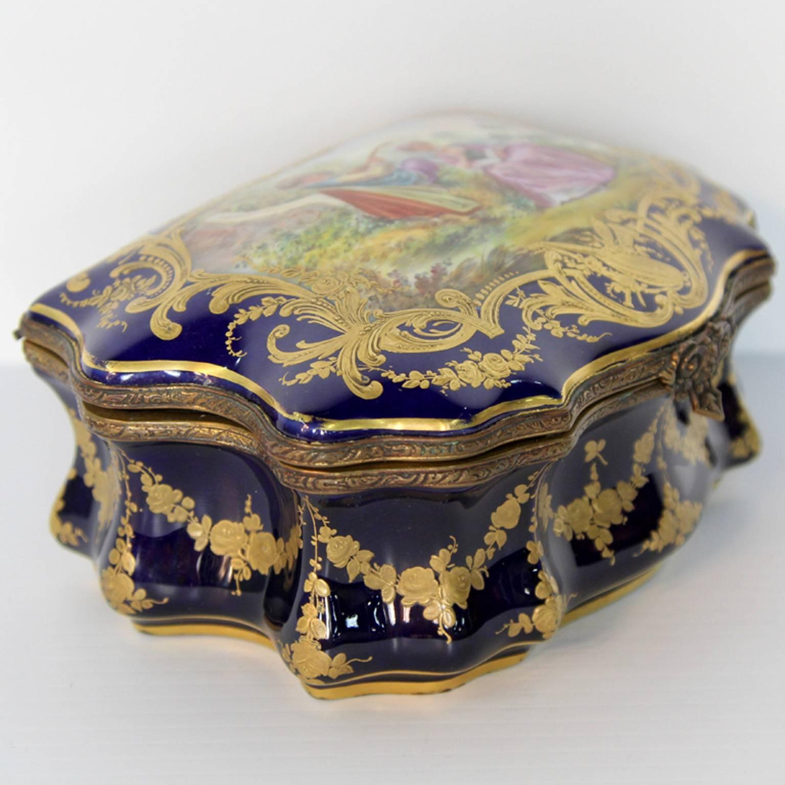 Bronze Antique Sevres Royal Imperial Cobalt Jewelry Box For Sale