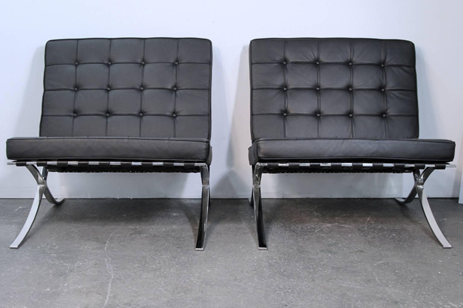 American Pair of Barcelona Black Leather Lounge Chairs by Mies Van Der Rohe For Sale