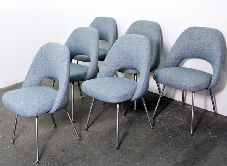 Original set of Saarinen Executive side chairs for Knoll. New foam and upholstery. Very comfortable set of dining chairs with incredible new woven fabric. Original steel legs, brand new foam on all chairs.