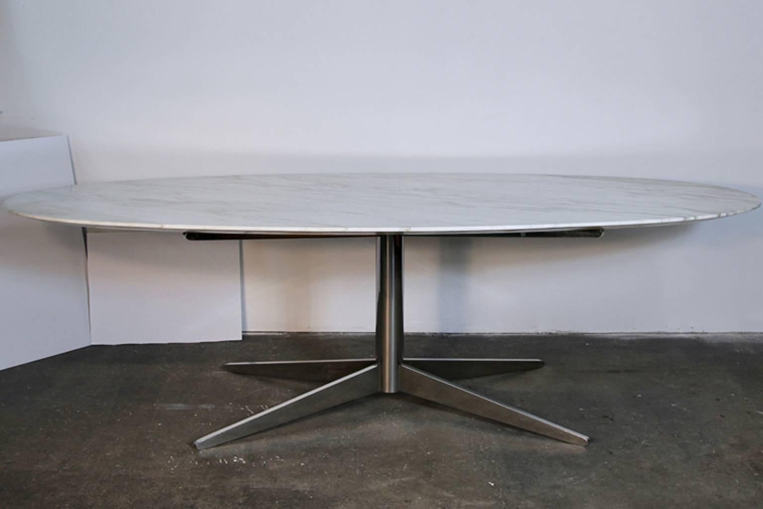 Incredible Knoll style Calcutta marble-top dining table. Knife edge, very thick and heavy top in the manner of Knoll with the chrome X-base. But much thicker, heavier sturdy construction and longer than the standard 96 Knoll table at 104 inches.
