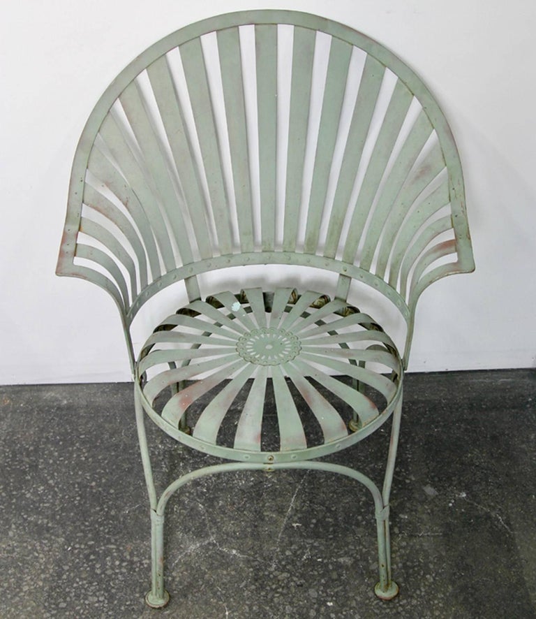 Francois Carre Art Deco Metal Fan Back Patio Set, Settee, Chairs, and