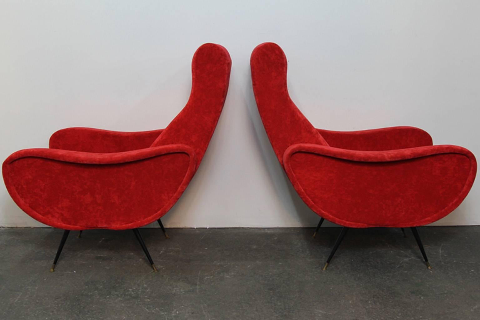 Mid-Century Modern Pair of Italian Style Upholstered Club Chairs in Red Velvet