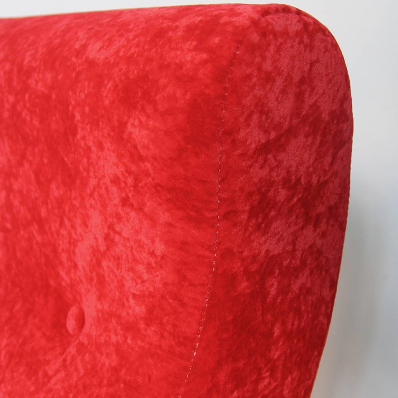 Steel Pair of Italian Style Upholstered Club Chairs in Red Velvet