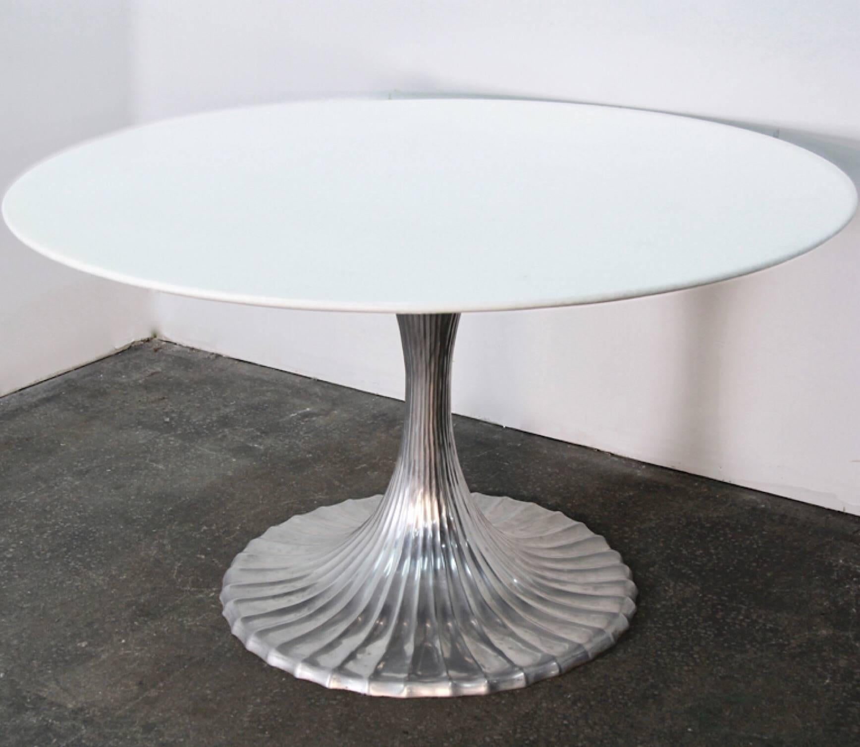 Mid-Century Modern Rare Midcentury Round Table with Unique Fluted Silver Metal Base