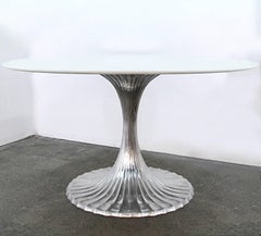 Rare Midcentury Round Table with Unique Fluted Silver Metal Base