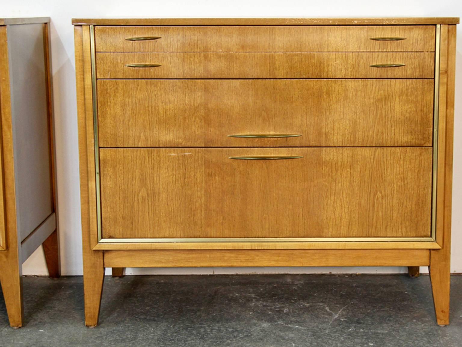 Mid-Century Modern Pair of Midcentury Chests with Brass Detail For Sale