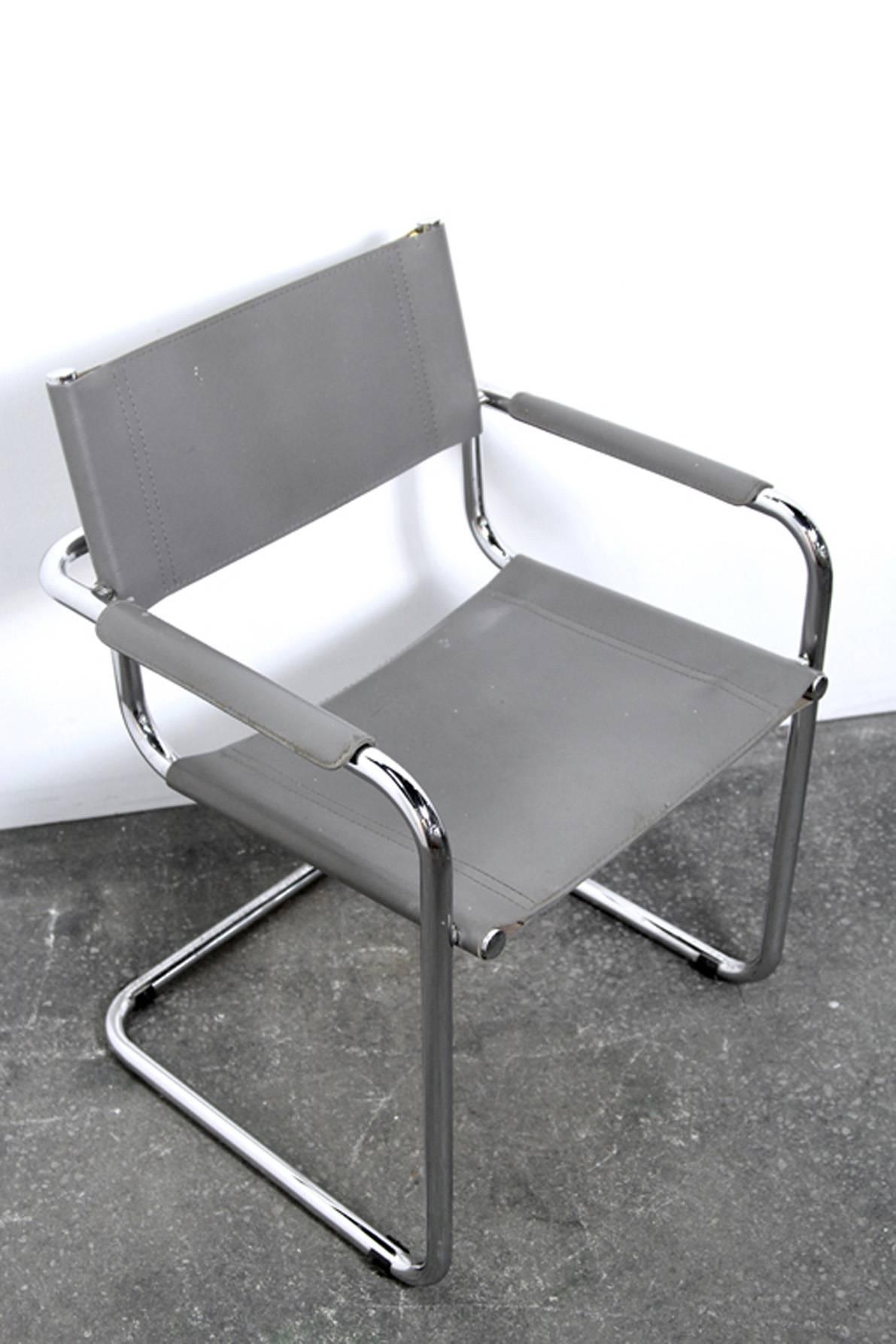 Four Midcentury Bauhaus Style Chrome and Grey Leather Chairs 2