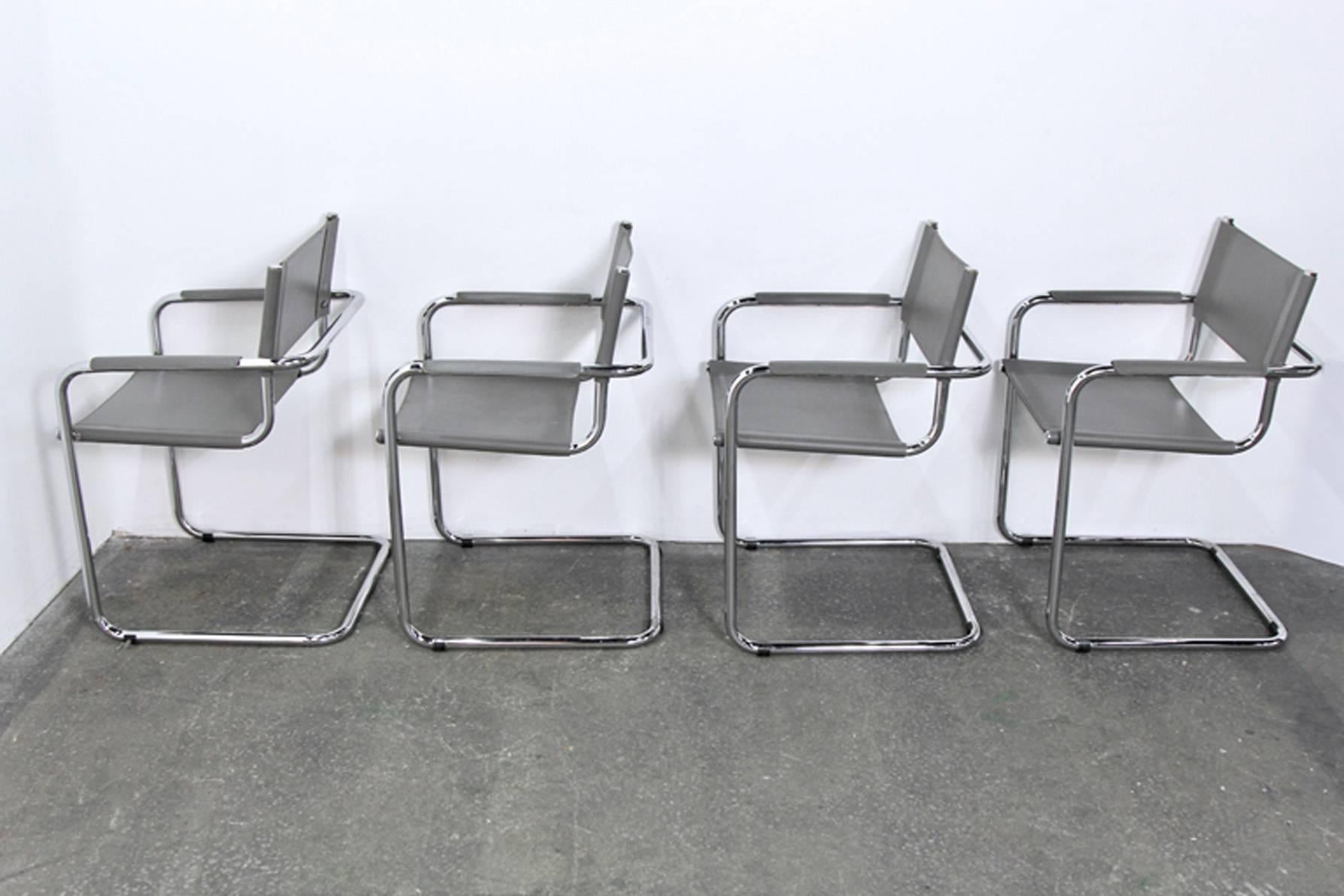 Four Midcentury Bauhaus Style Chrome and Grey Leather Chairs In Good Condition In Bridport, CT