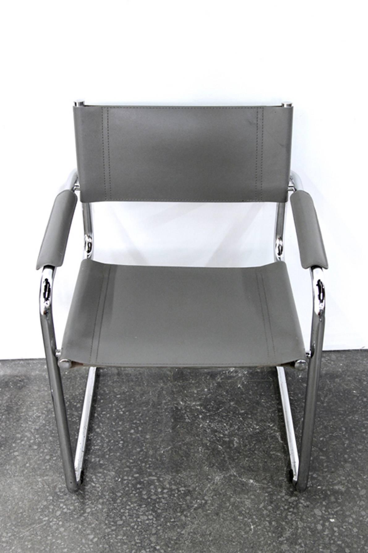 20th Century Four Midcentury Bauhaus Style Chrome and Grey Leather Chairs