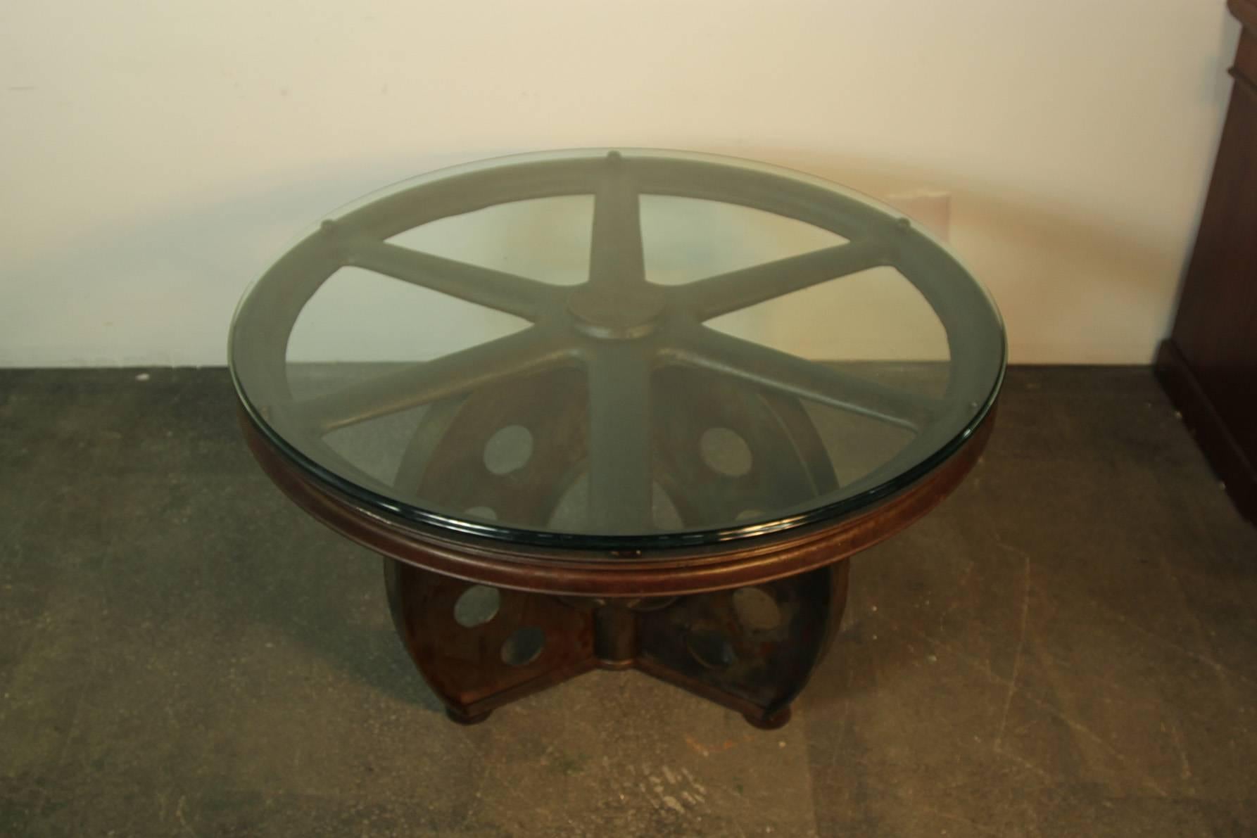 Impressive Iron Table Desk from Old Industrial Wheel For Sale 3