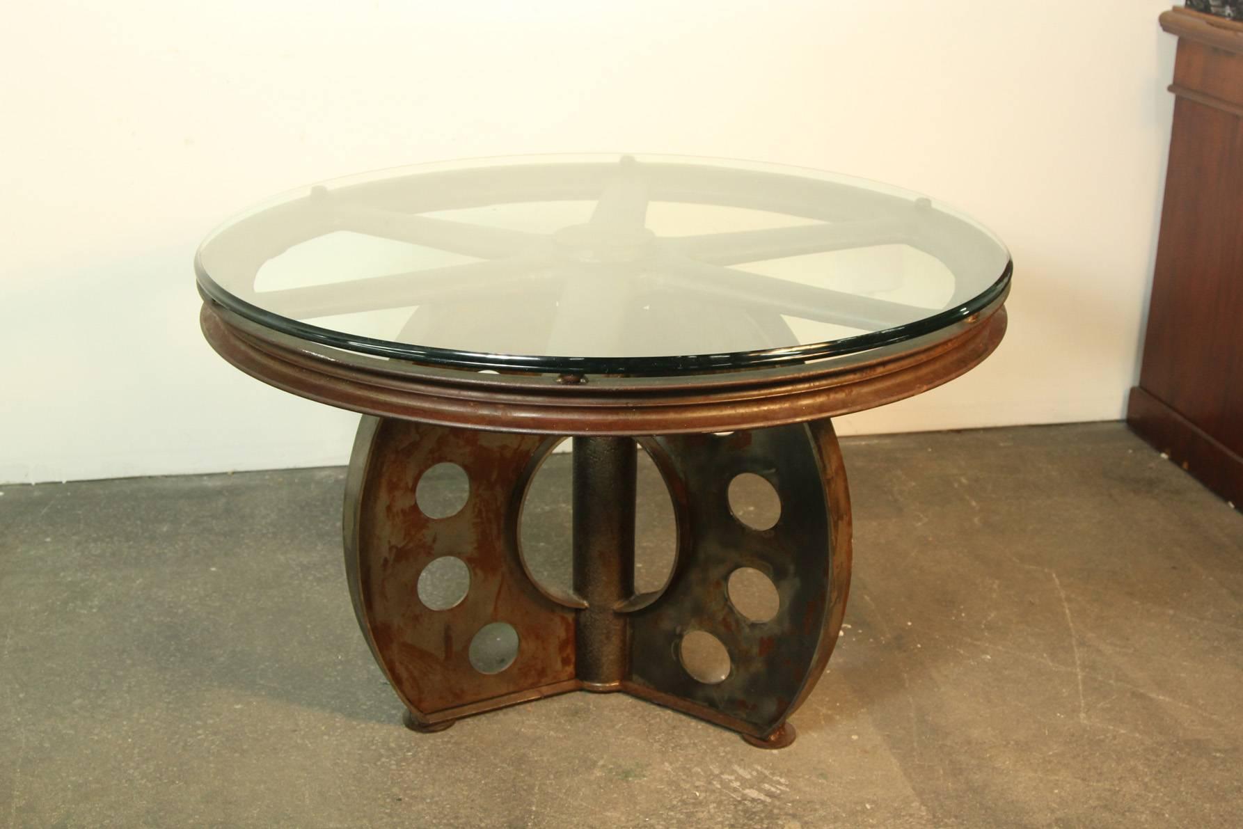 American Impressive Iron Table Desk from Old Industrial Wheel For Sale