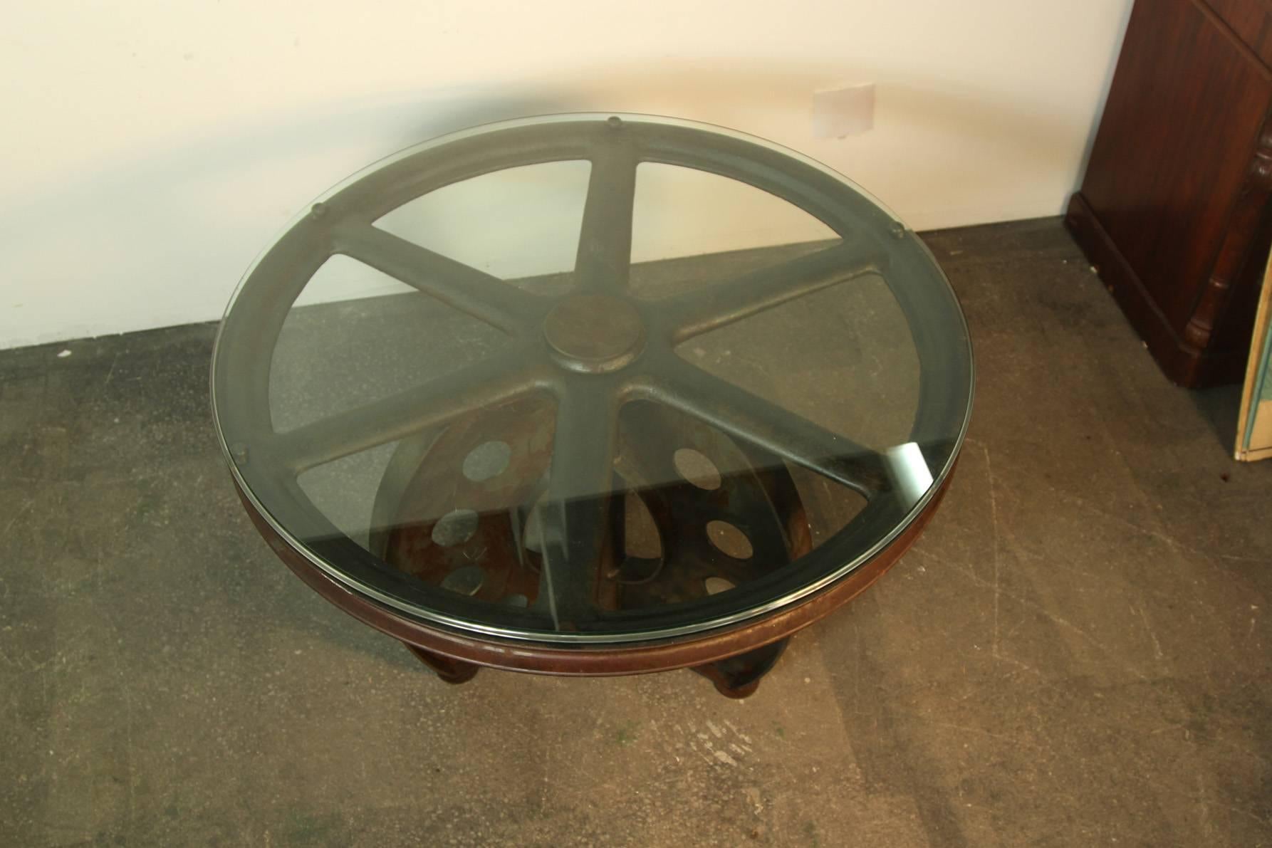 Cast Impressive Iron Table Desk from Old Industrial Wheel For Sale