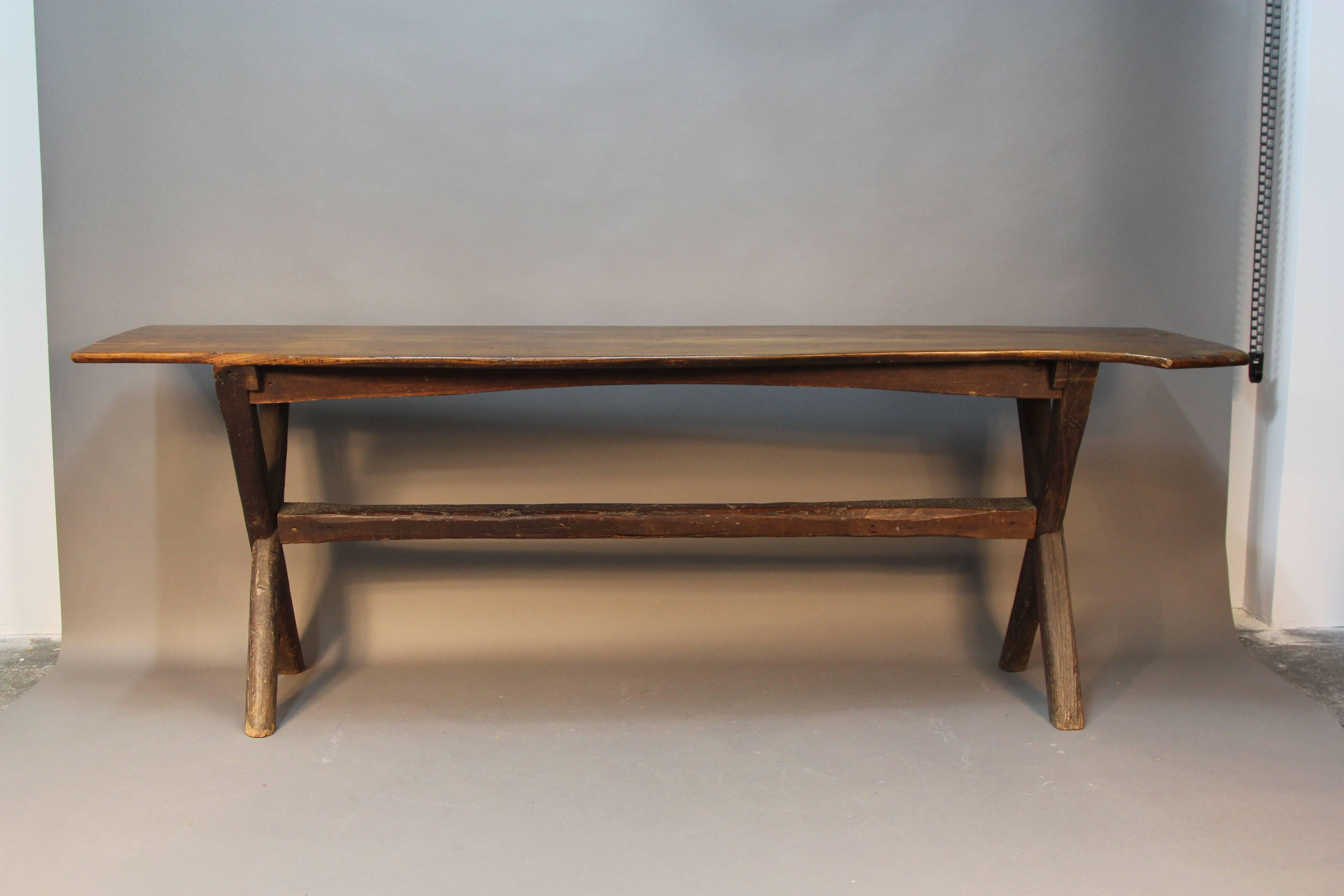 Antique natural edge console table with sawbuck base. Artist made from Old Lyme Connecticut.