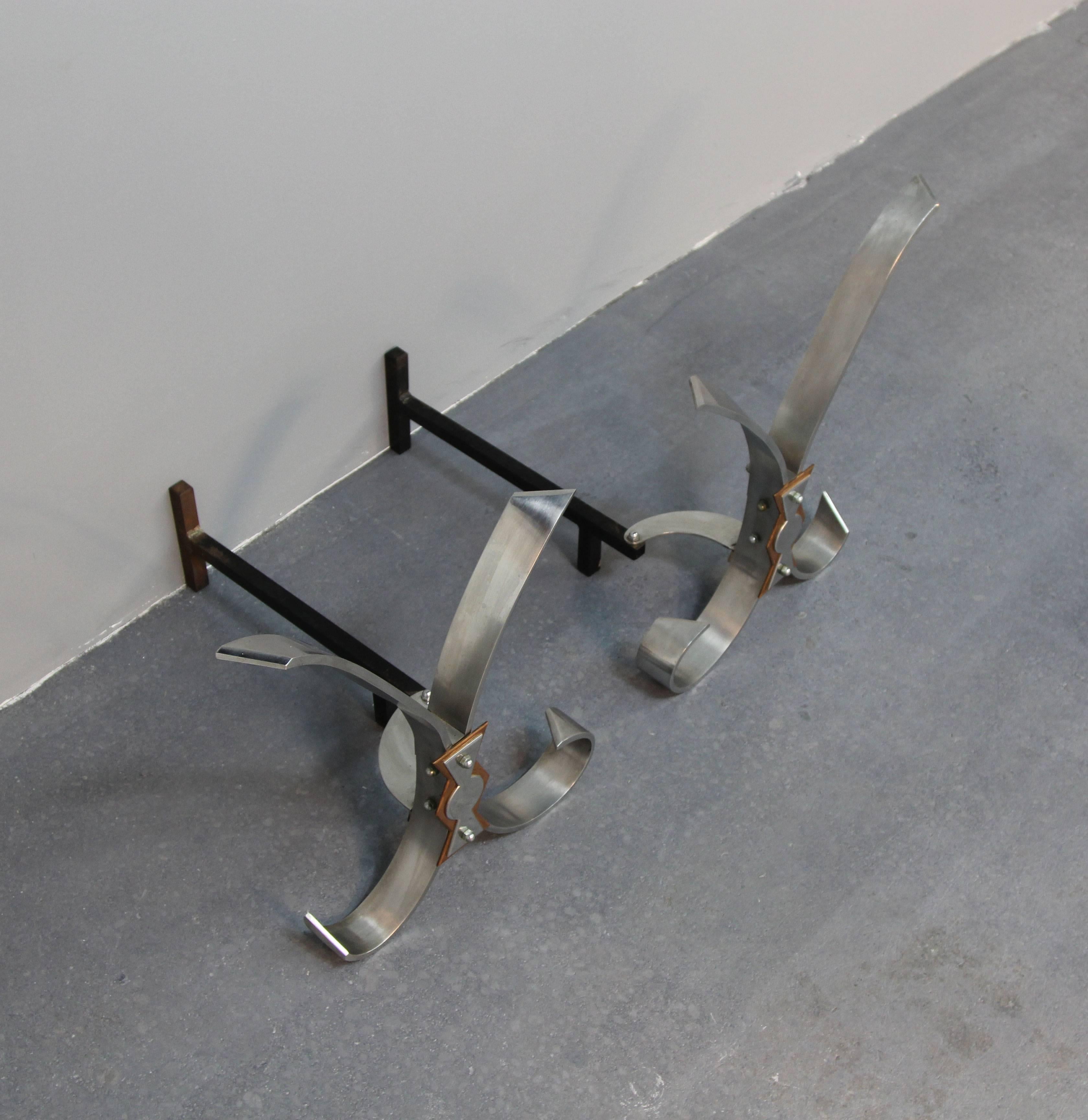Polished Steel Andirons In Excellent Condition For Sale In Bridport, CT