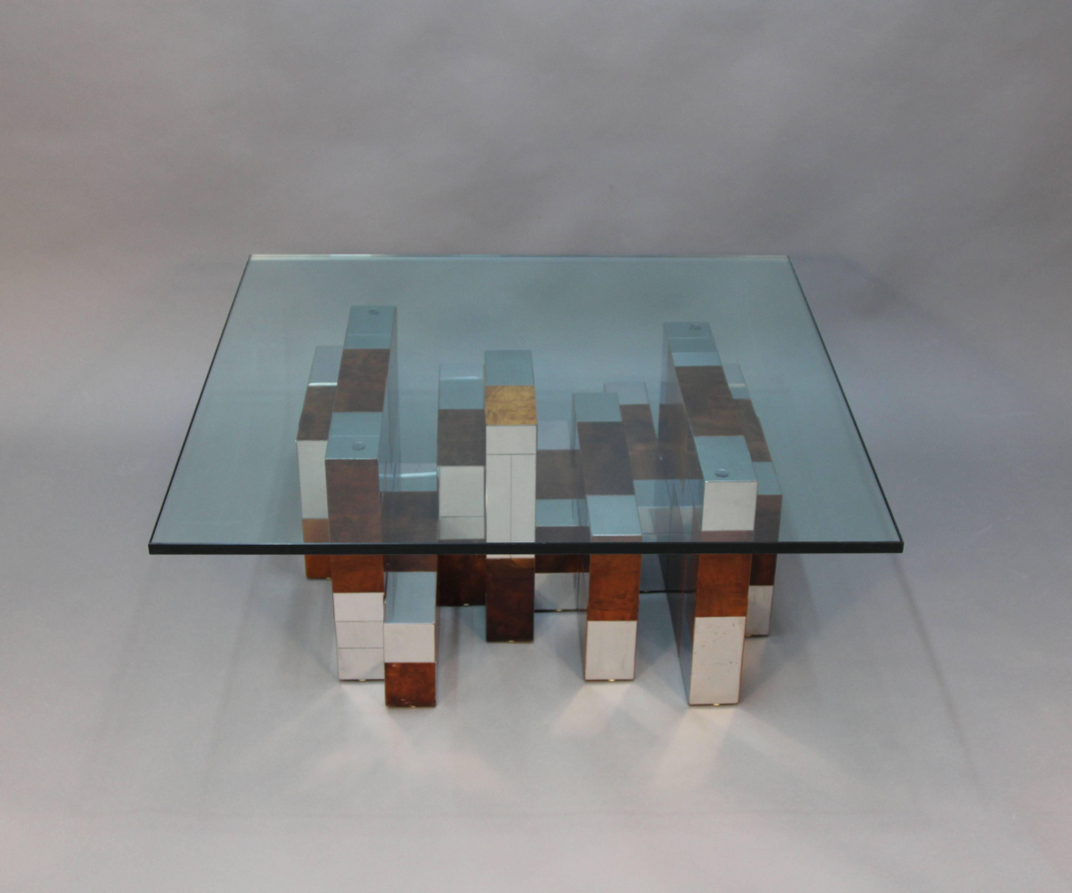 Beautiful sculptural Paul Evans cityscape coffee table. Mixed chrome and burl wood veneer.