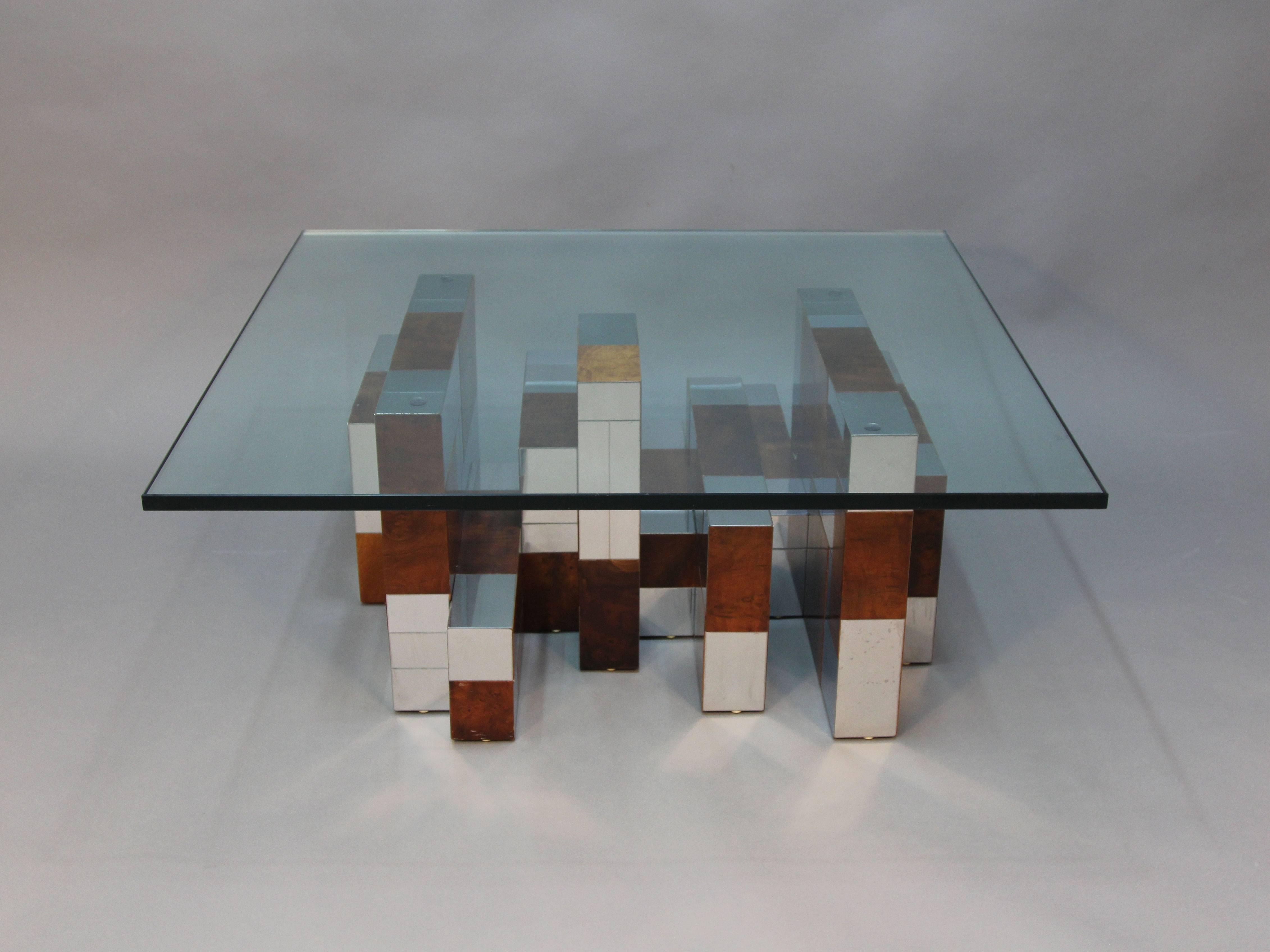 Late 20th Century Paul Evans Burl Wood and Chrome Cityscape Coffee Table