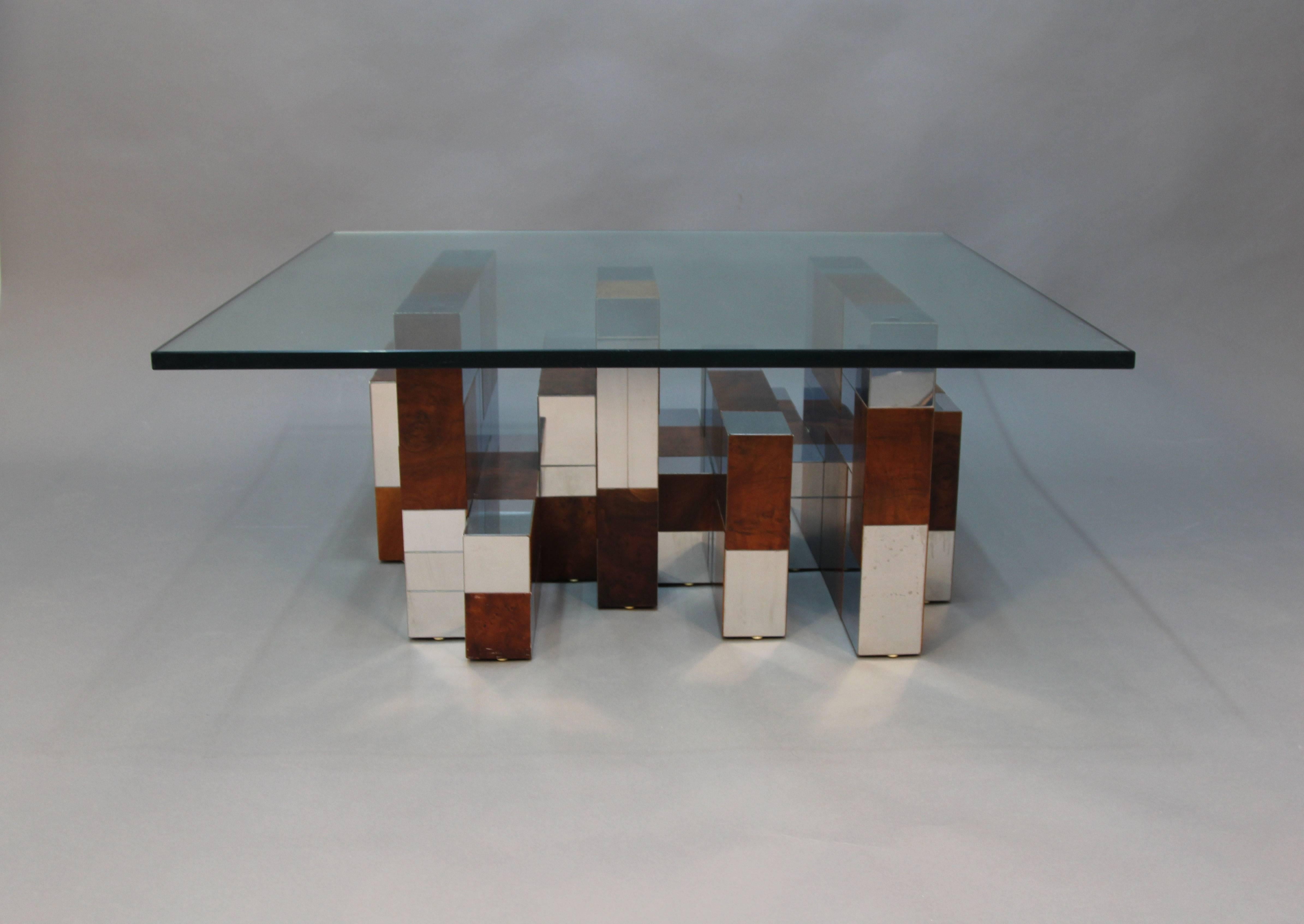 American Paul Evans Burl Wood and Chrome Cityscape Coffee Table