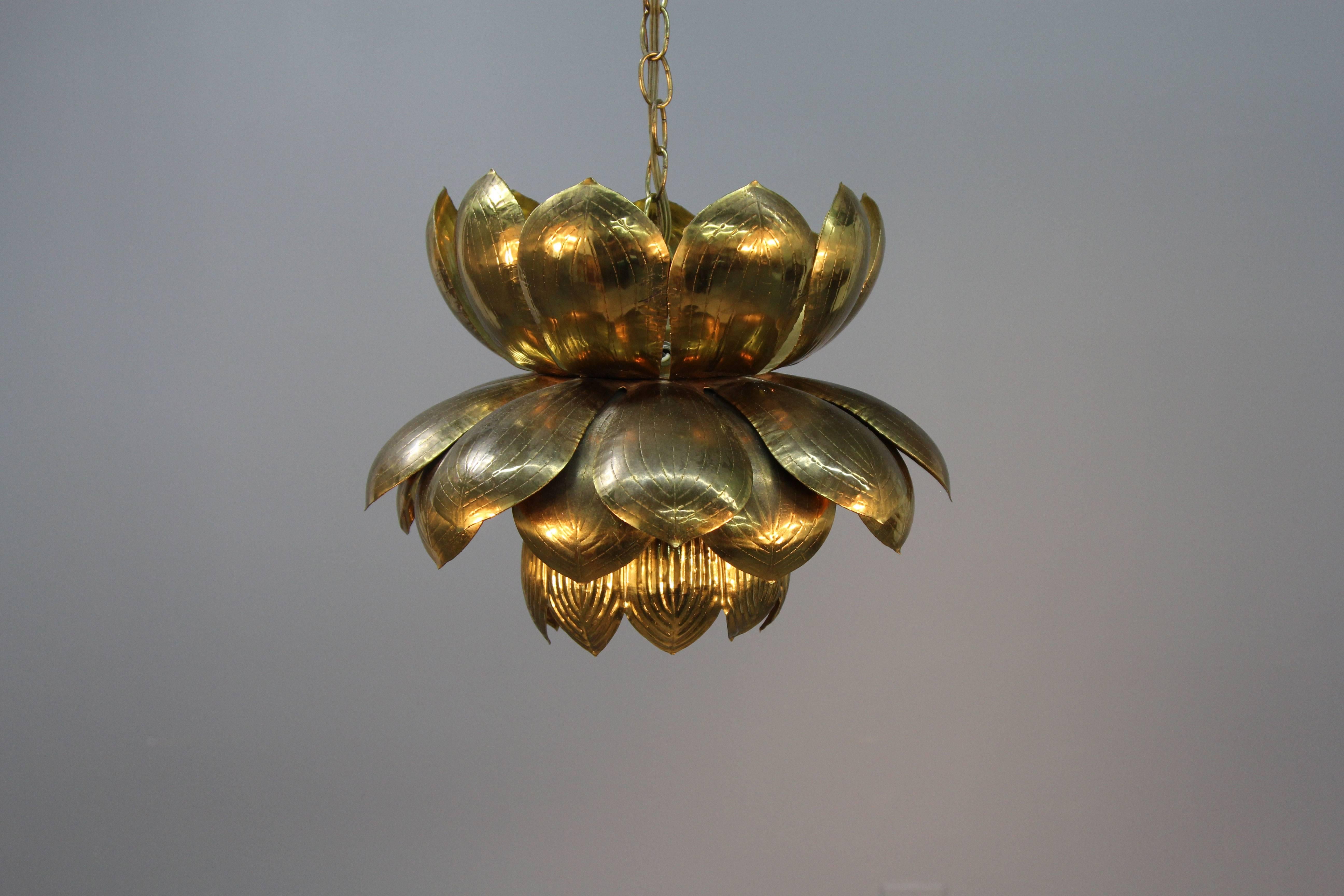 Etched and polished/lacquered brass light fixture. Four petal layers with one standard socket and three candelabra sockets on top of the blossom.

Original ceiling plate with Feldman label.