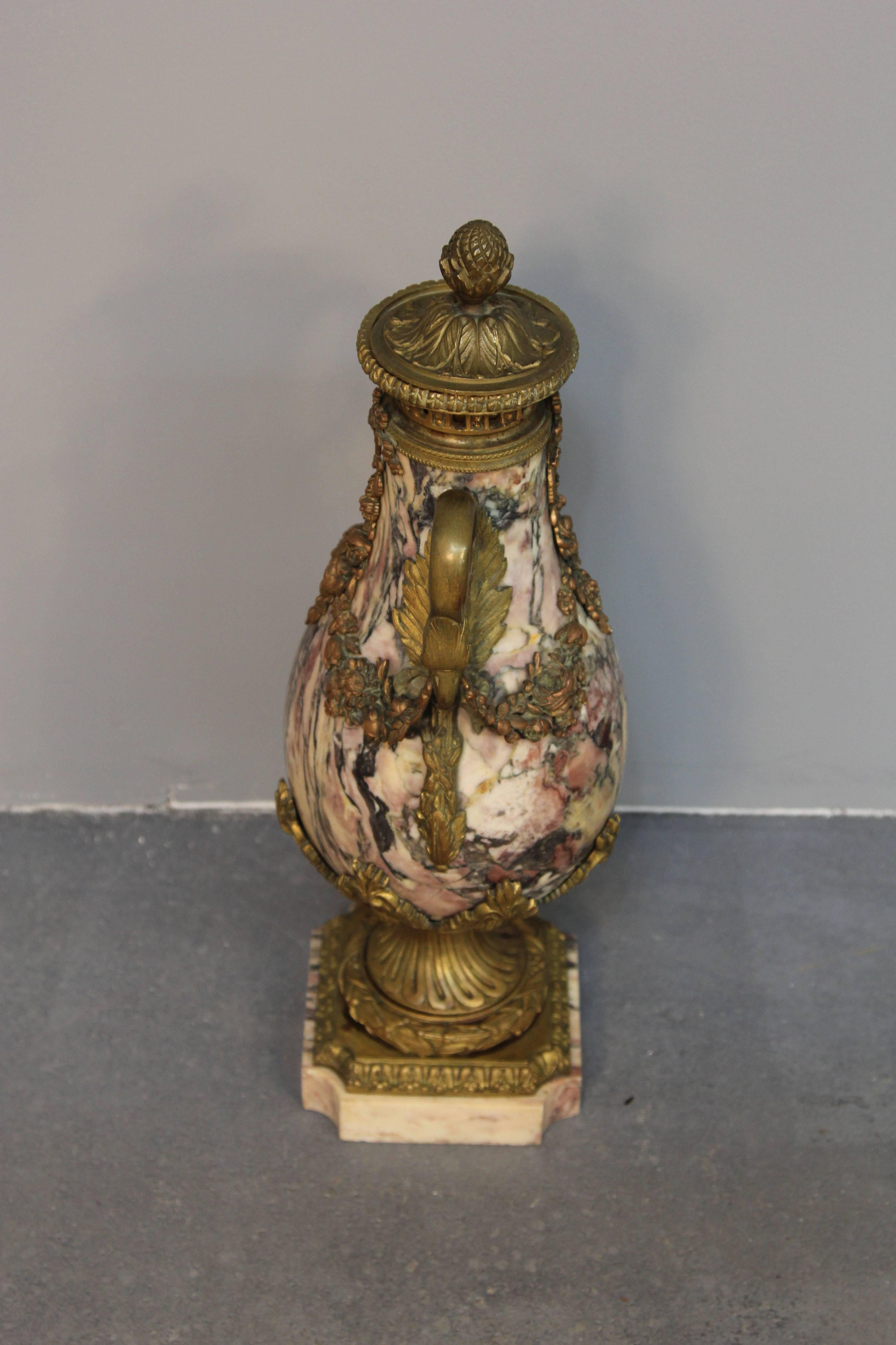 Bronze Pair of Pink Marble Urns For Sale