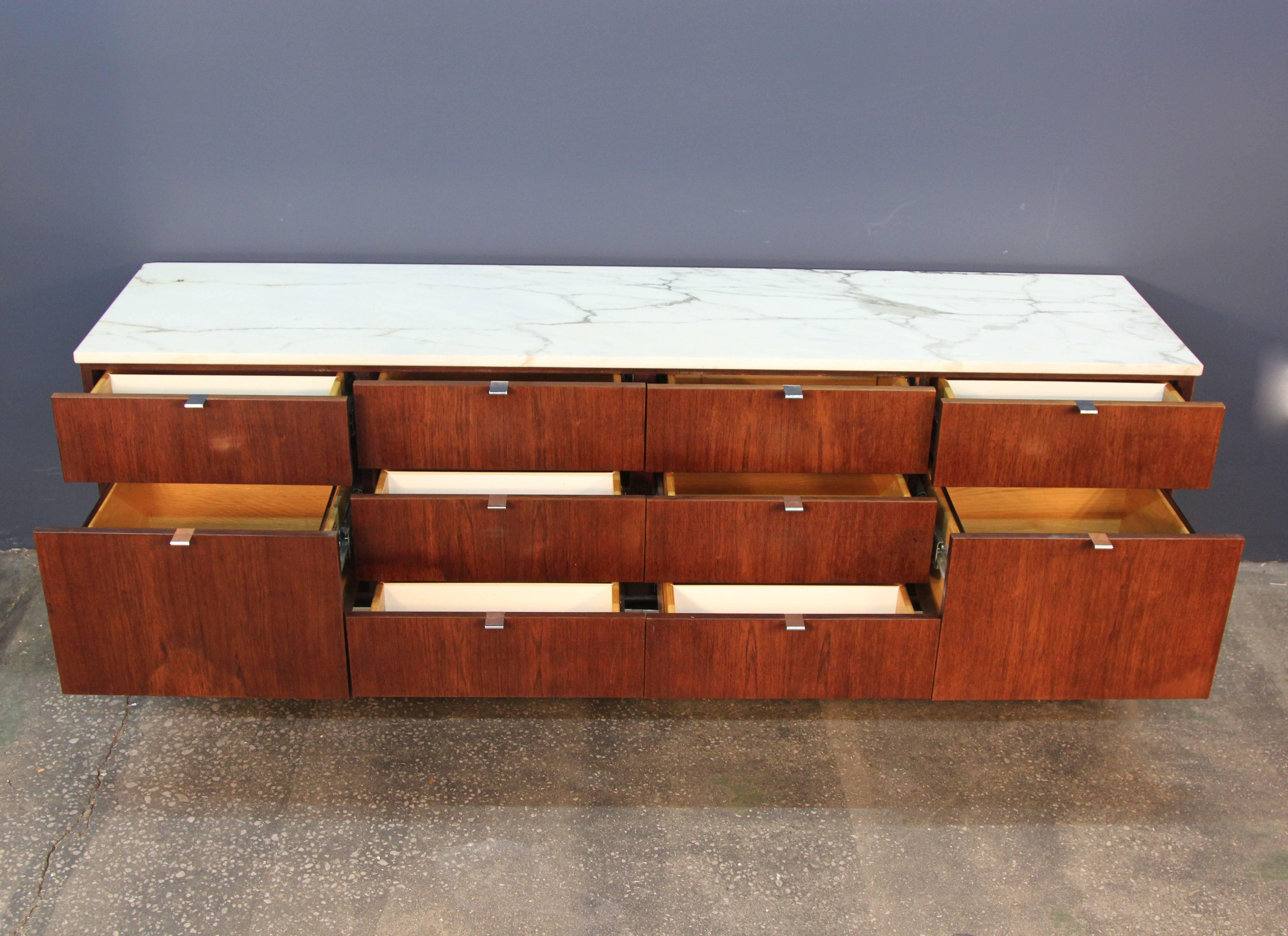 Mid-Century Modern Florence Knoll Teak and Marble-Top on Chrome Base Credenza