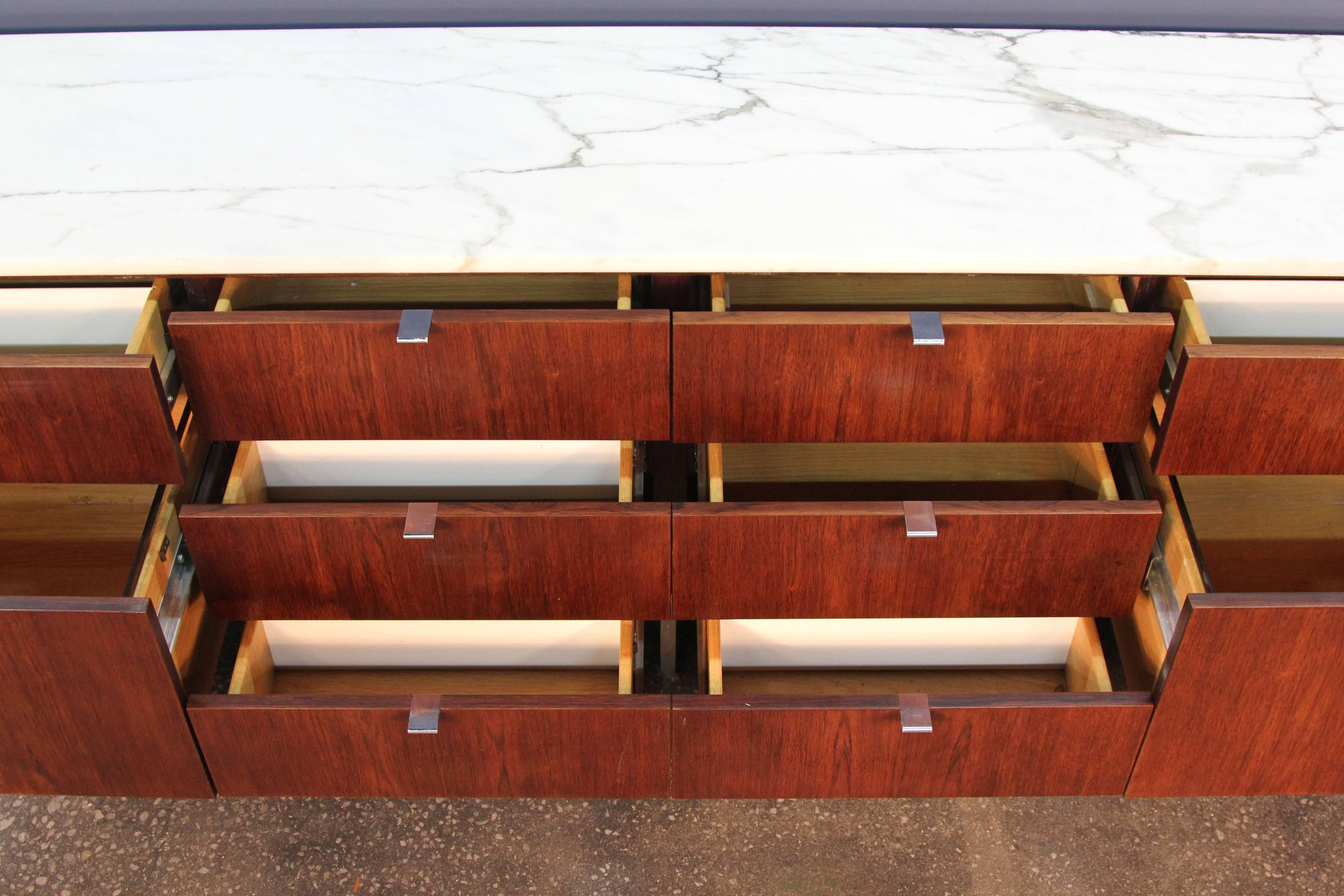 American Florence Knoll Teak and Marble-Top on Chrome Base Credenza