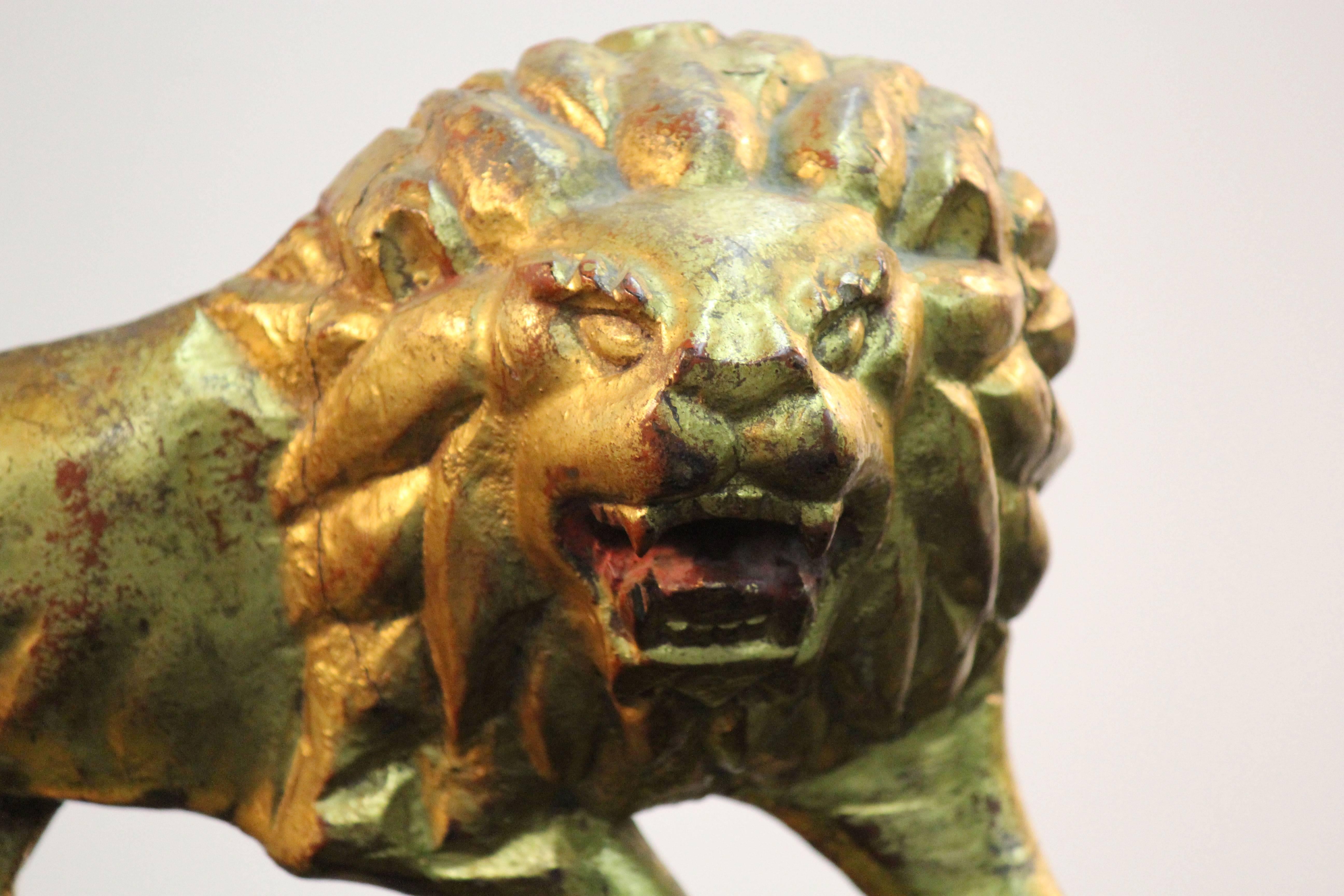 Chinese Pair of Gold Gilded Lions Sculpture For Sale