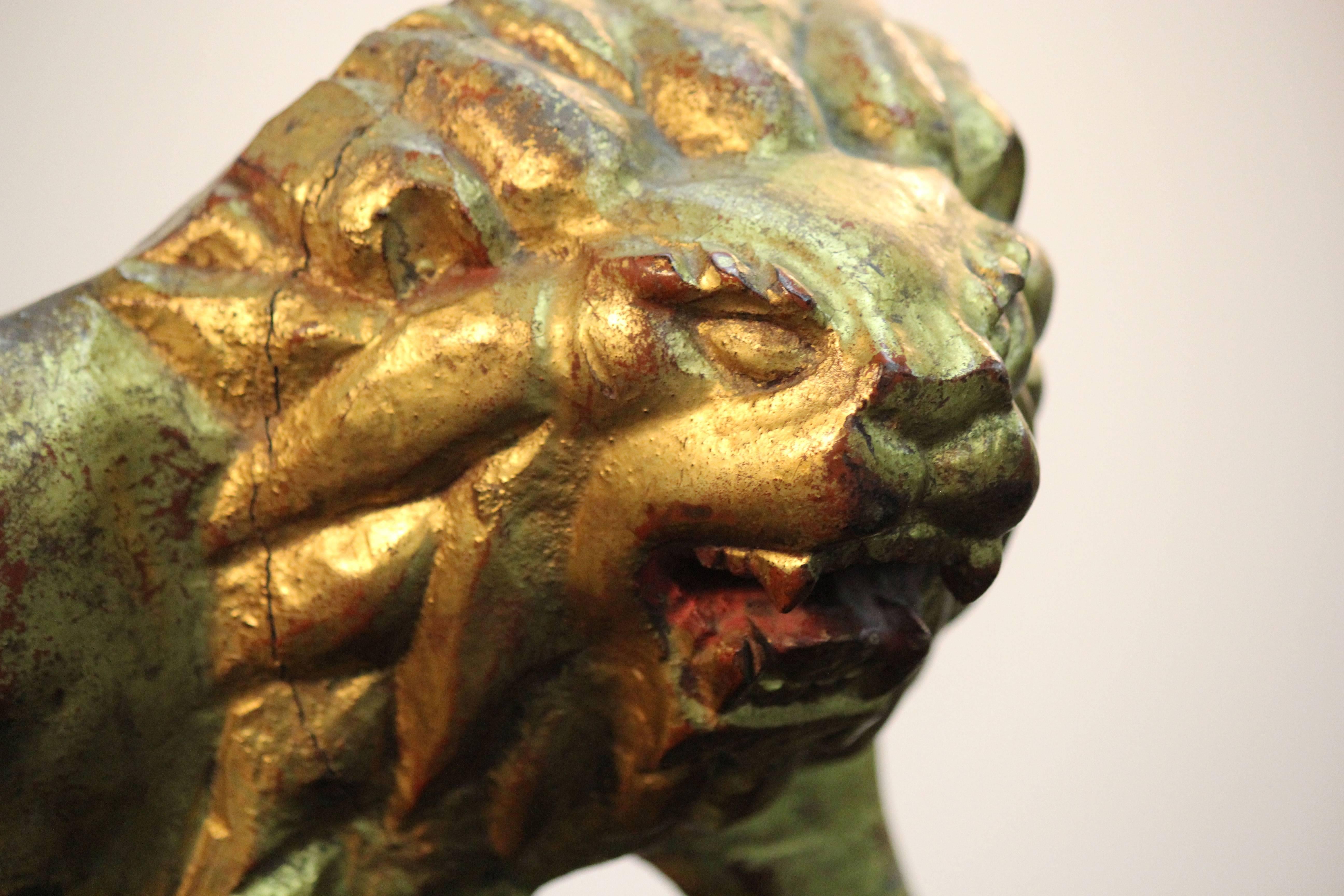 Gilt Pair of Gold Gilded Lions Sculpture For Sale