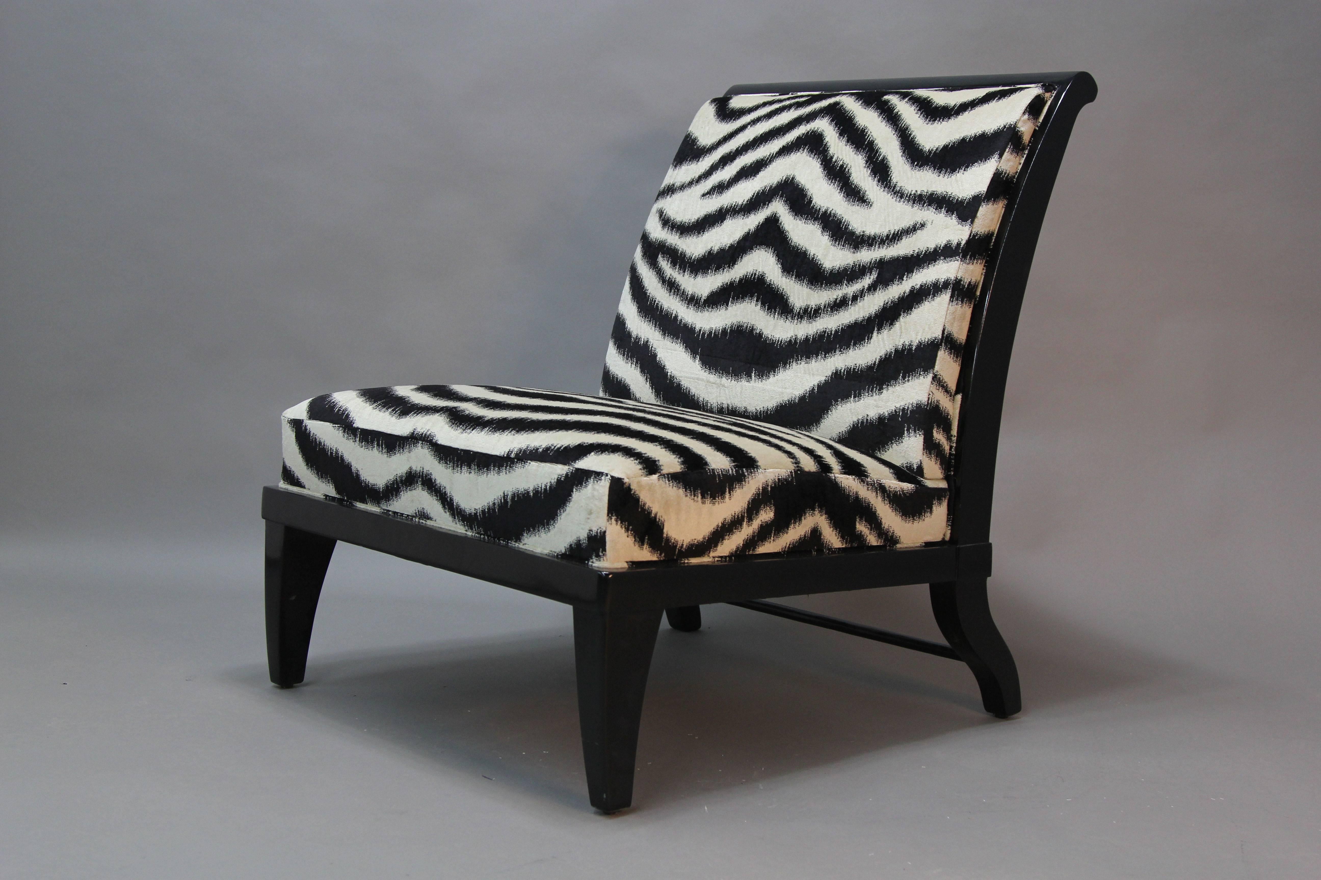 Holly Hunt wood frame slipper chairs with new very high end upholstery. Zebra style striping.