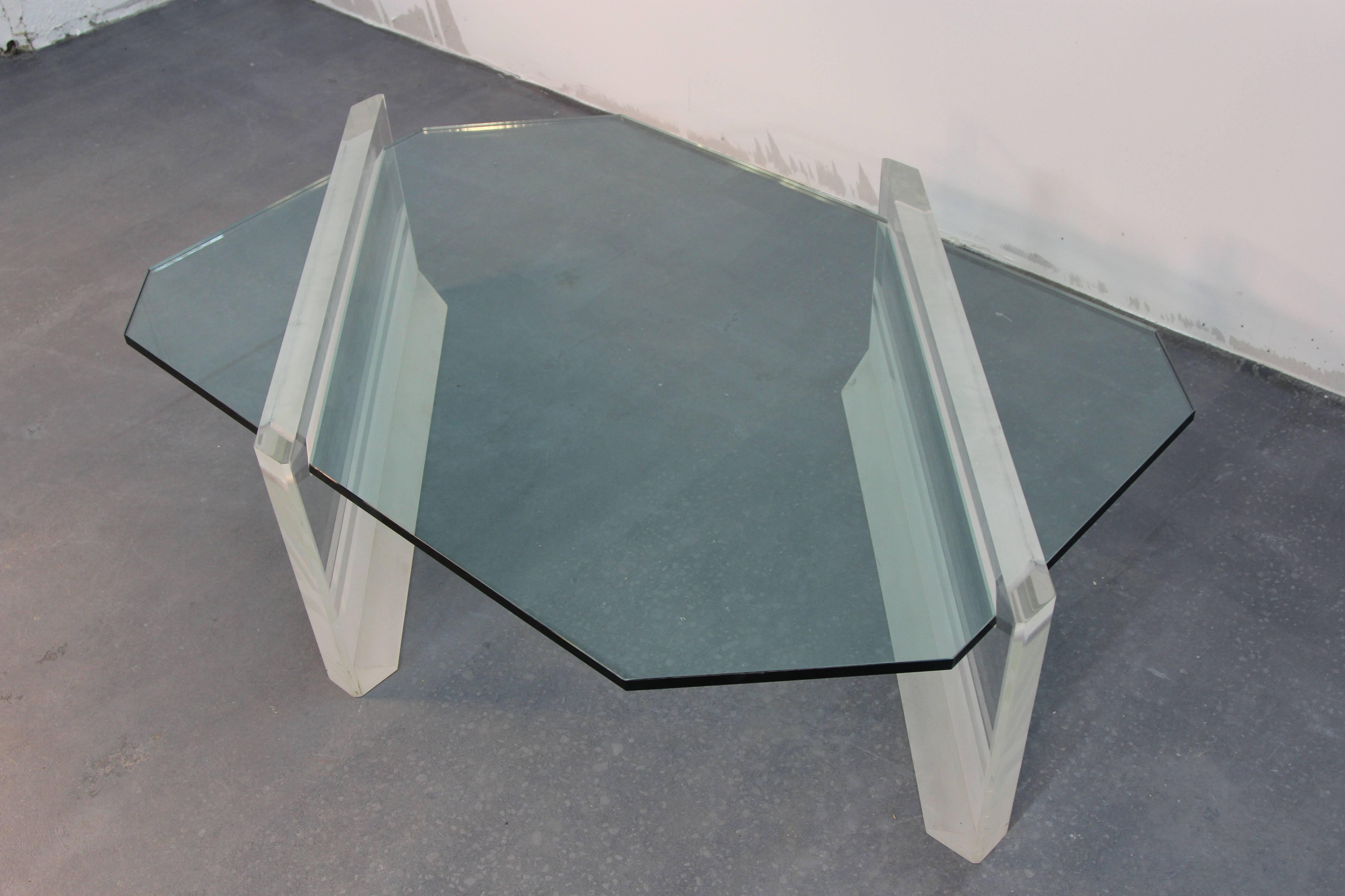 Asymmetric Glass and Lucite Base Coffee Table In Good Condition For Sale In Bridport, CT