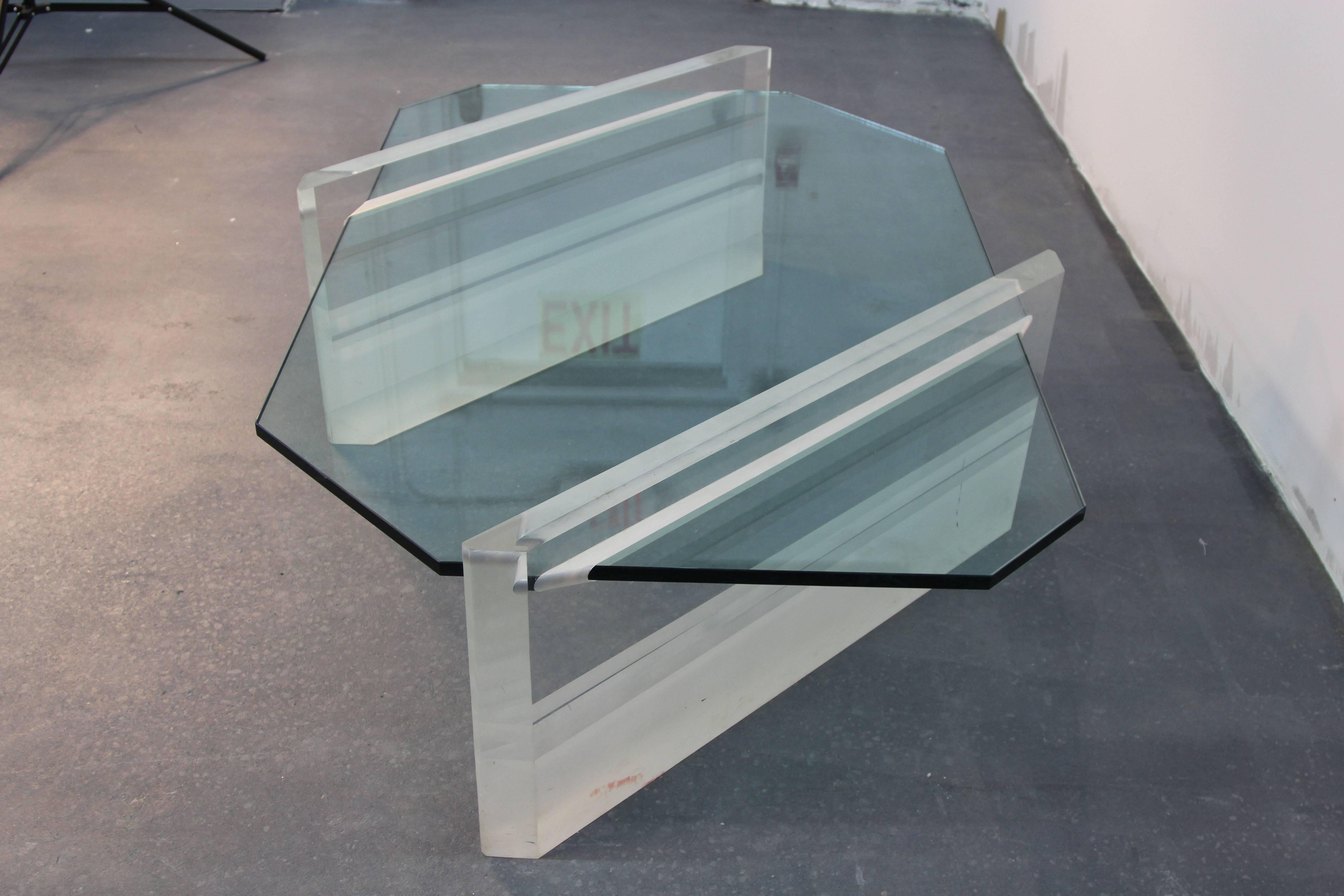 Mid-Century Modern Asymmetric Glass and Lucite Base Coffee Table For Sale
