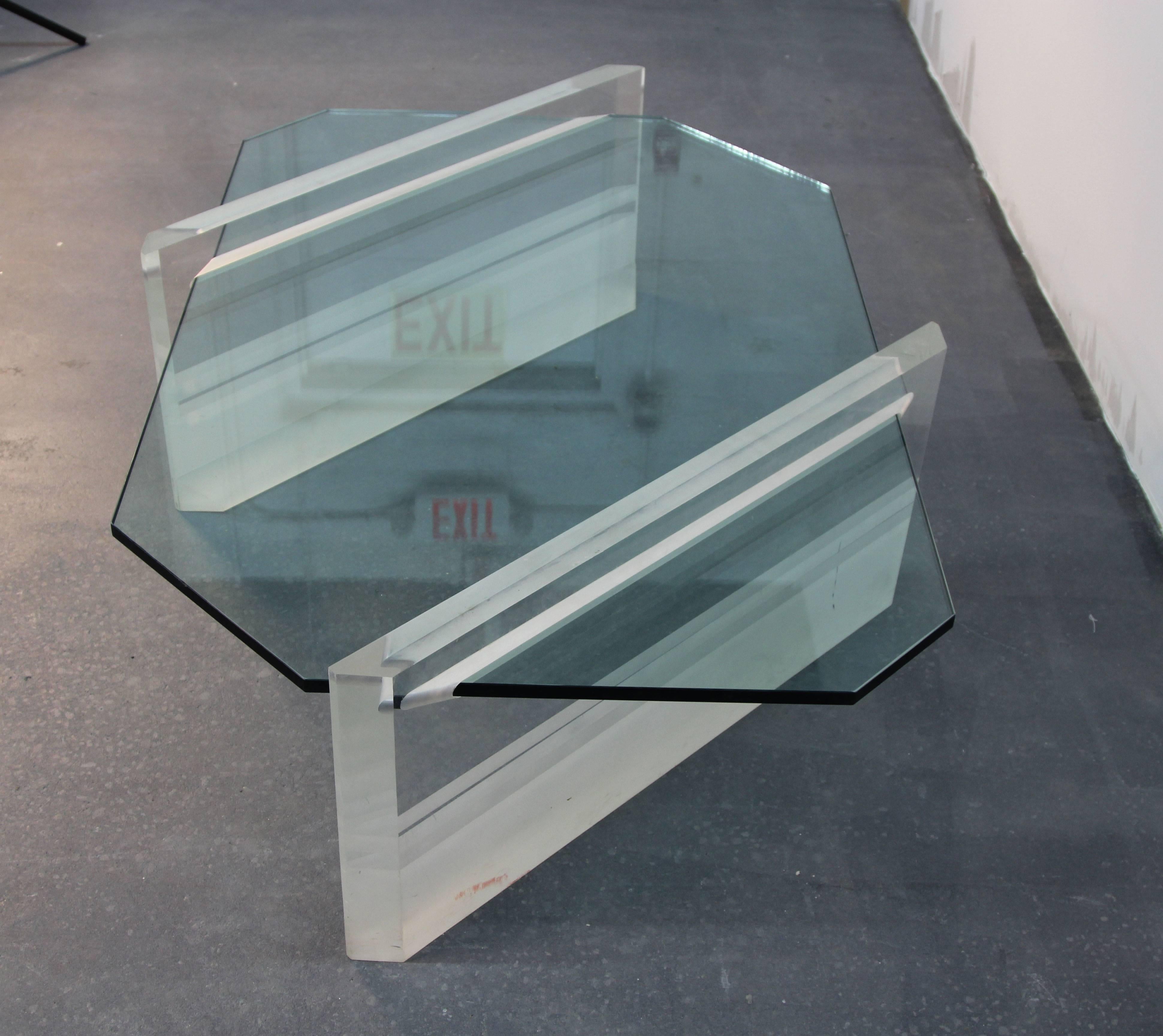 American Asymmetric Glass and Lucite Base Coffee Table For Sale