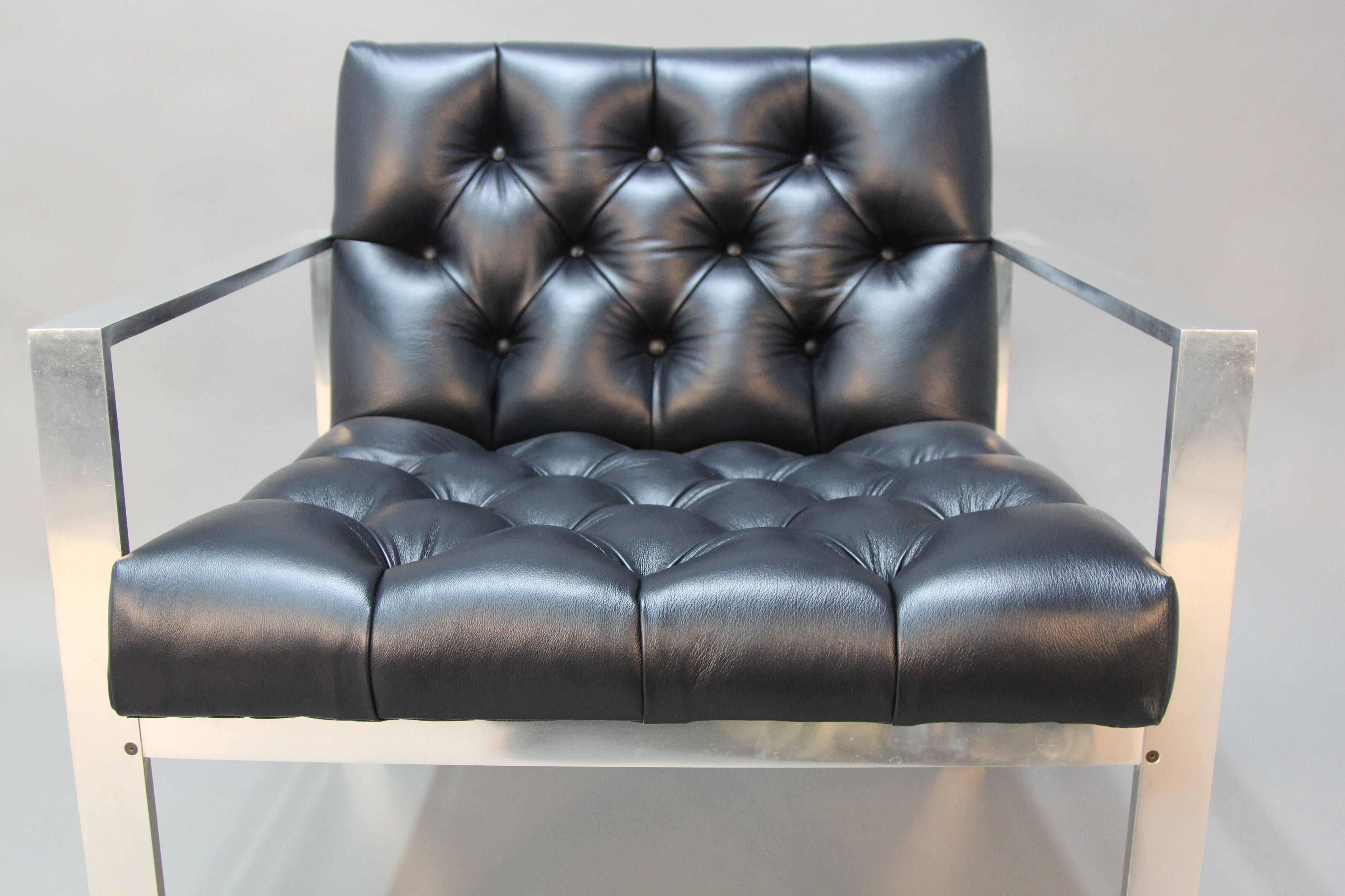Chrome Flat Bar Chair with Button Tufted Leather For Sale