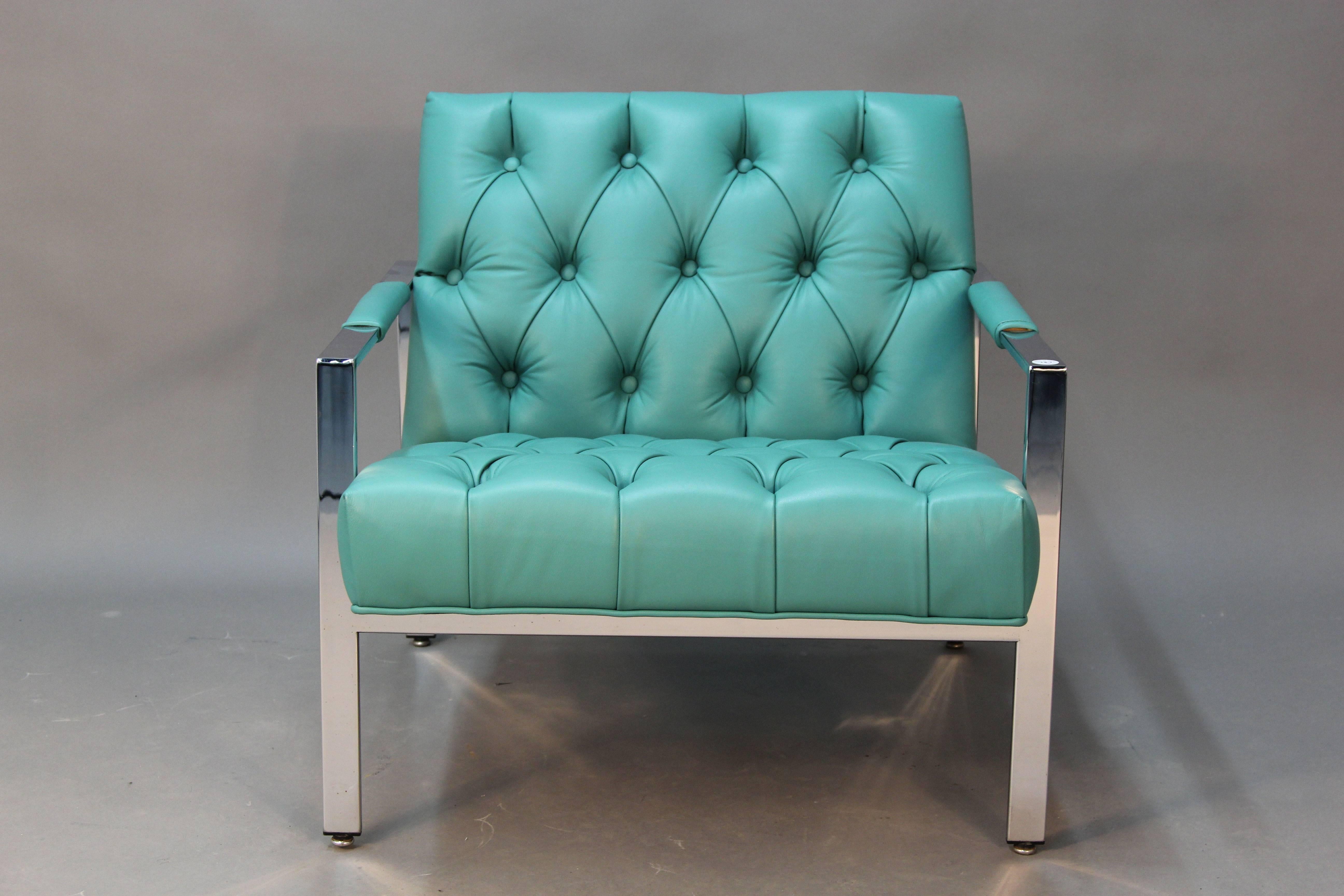 Beautiful new tufted upholstery and chrome frame. Milo Baughman for Thayer Coggin flat bar lounge chairs.