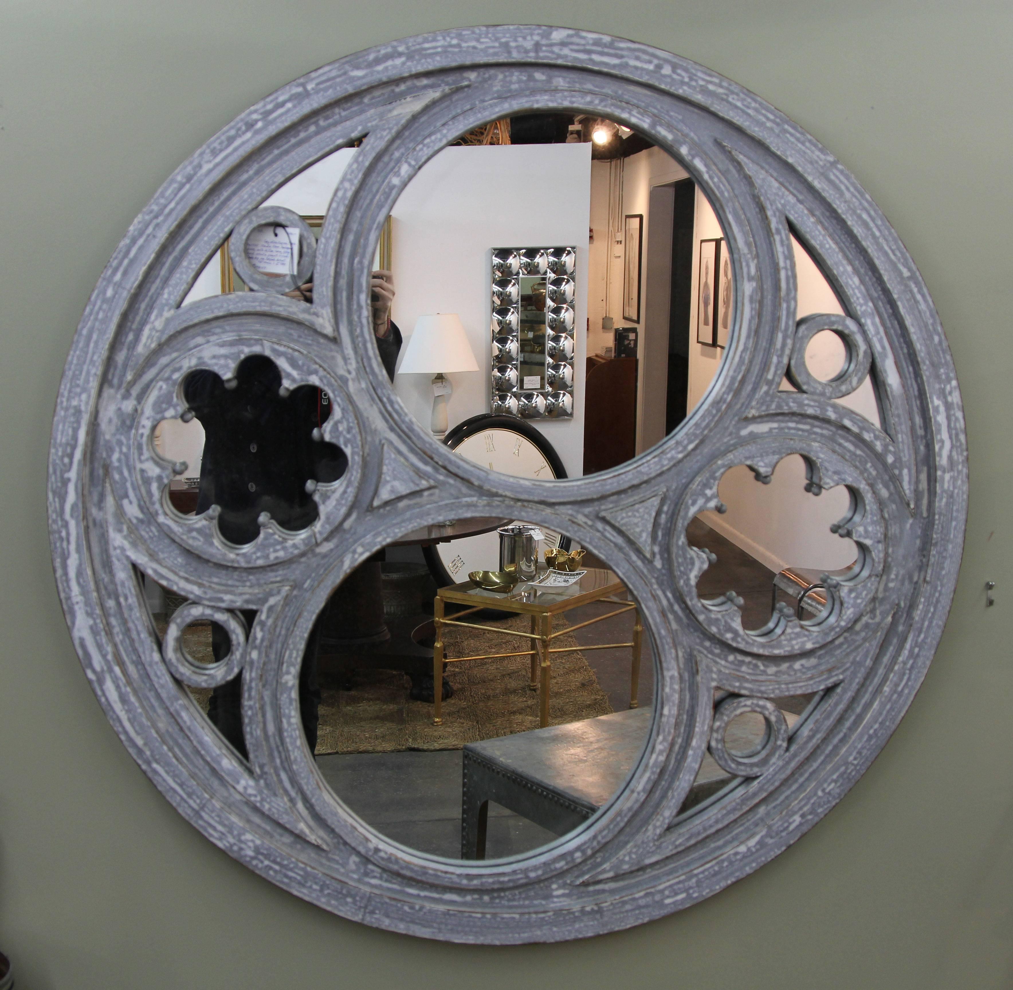 Superb copy of an original French mirror created by an English artist. Made from reclaimed pine with a two tone grey and white paint finish. #043-09